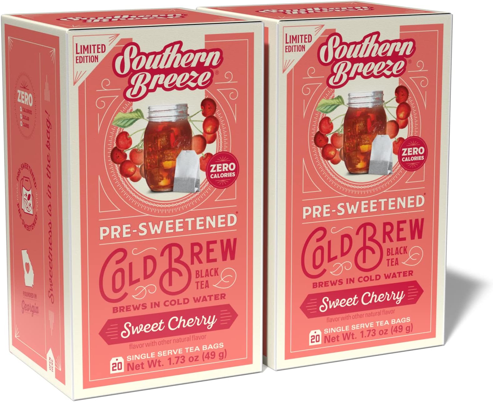 Cold Brew Sweet Tea Sweet Cherry Iced Tea with Black Tea and Zero Carbs Zero Sugar, 20 Individually Wrapped Tea Bags (Pack of 2) Southern Sweet Tea Iced Tea Beverage