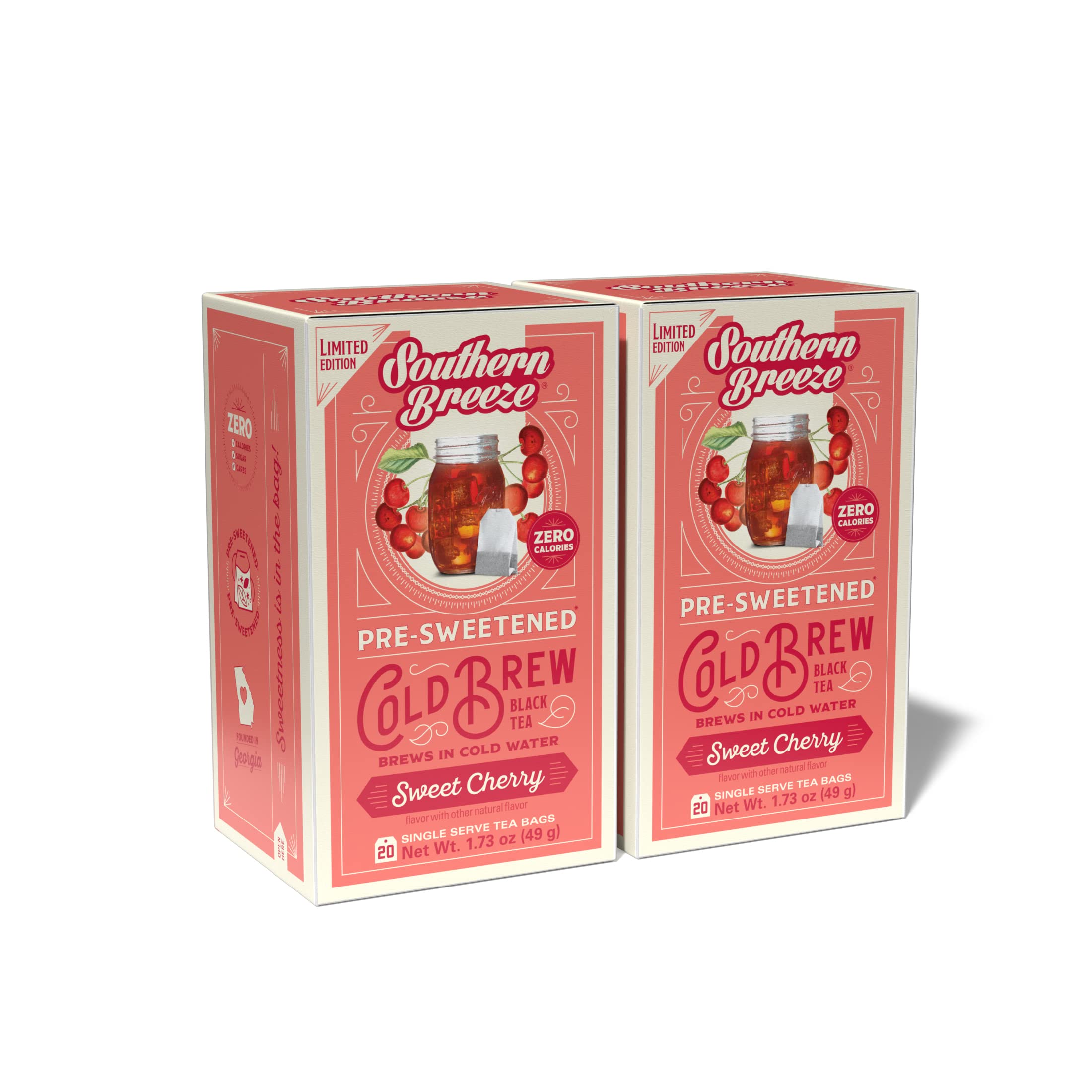Cold Brew Sweet Tea Sweet Cherry Iced Tea with Black Tea and Zero Carbs Zero Sugar, 20 Individually Wrapped Tea Bags (Pack of 2) Southern Sweet Tea Iced Tea Beverage