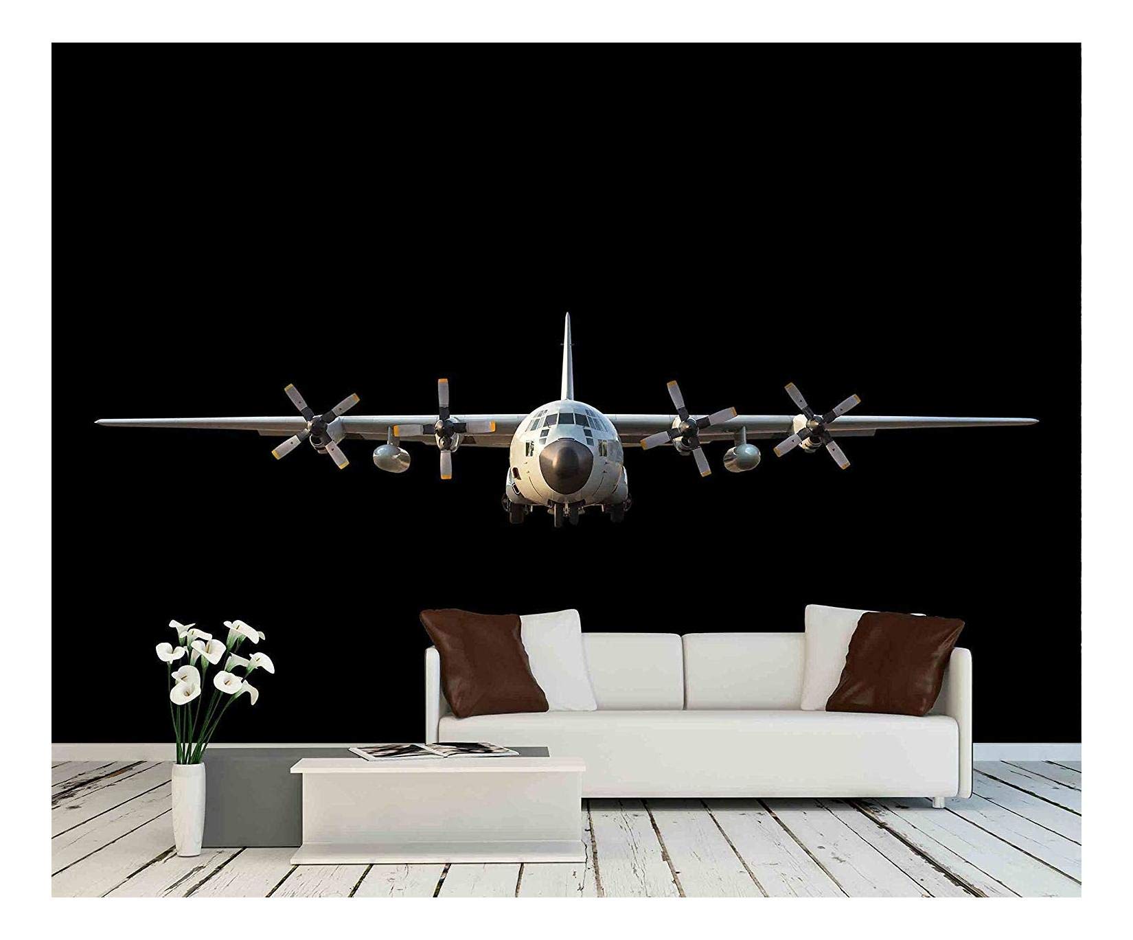 wall26 - Military Transport Aircraft on Black Background - Removable Wall Mural | Self-Adhesive Large Wallpaper - 100x144 inches