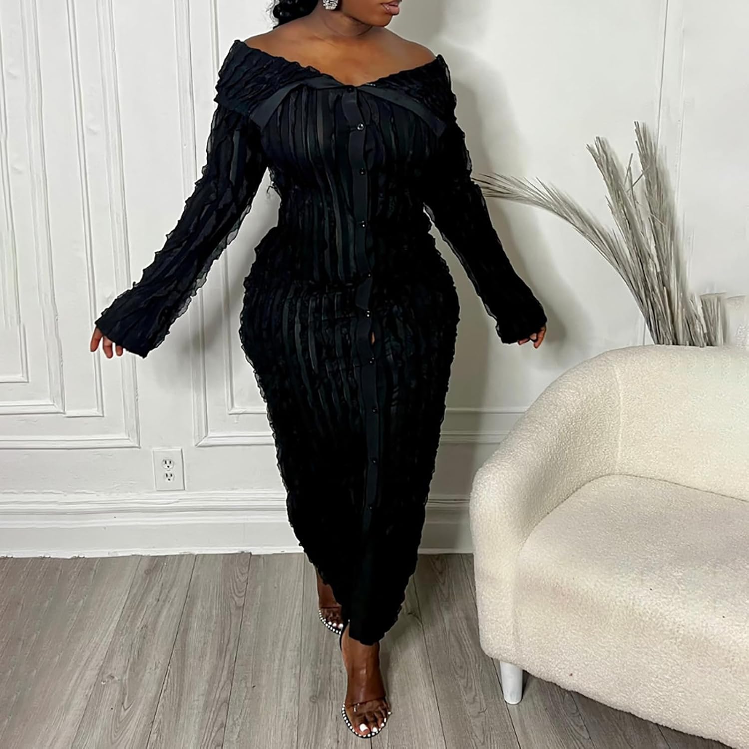 Sexy Off Shoulder Dresses for Women Pleated See Through Long Sleeve Button Down Slit Bodycon Maxi Dress - Image 4