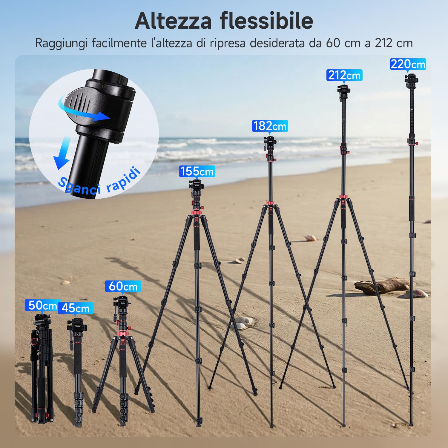 Treppiede Fotocamera 212cm Rollei Compact Traveler No.2 XL Video Cavalletto Fotografico in Alluminio con Braccio Orizzontale Testa Fluida Funzione Monopiede Camera Tripod con Supporto per Telefono