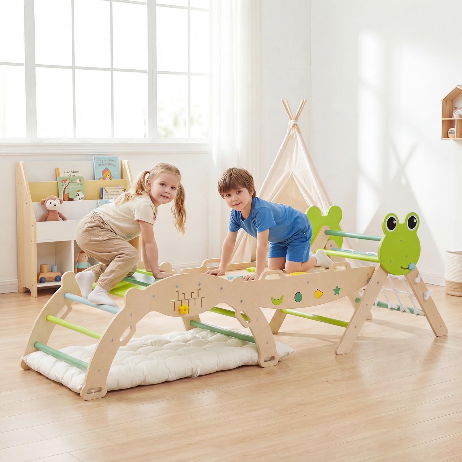 Olakids Pikler Triangle Set, 13 in 1 Foldable Wooden Montessori Toddler Climbing Toys Indoor with Cushion Ramp Arch Ladder Net (Apple Green)