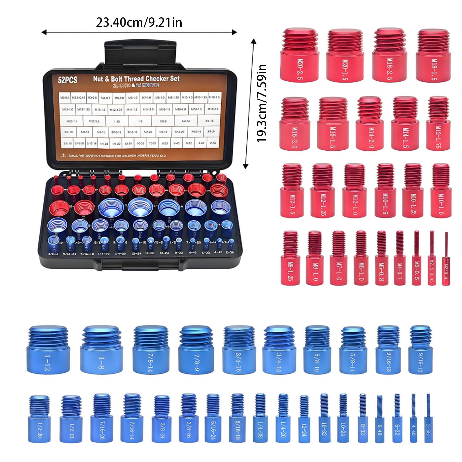 Juego de 52 piezas de comprobador de rosca, medidores métricos para tornillos, sujetadores, mantenimiento de taller, vuelo espacial, precisión de aluminio, juego de medición de rosca