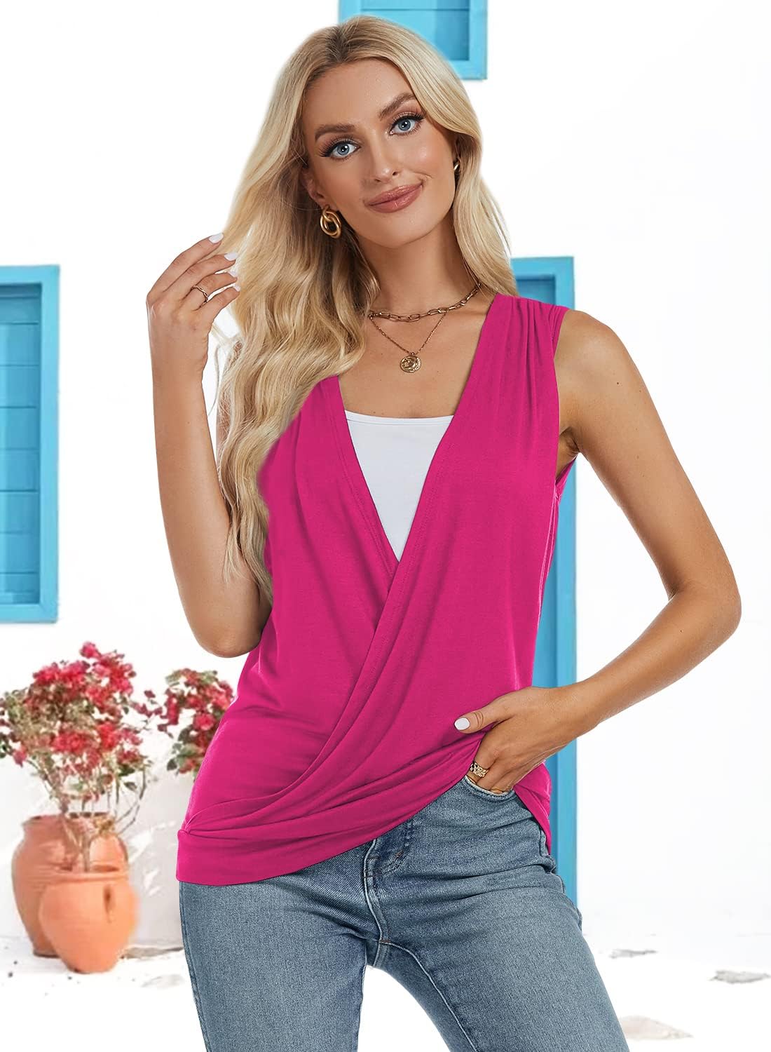 RANPHEE Womens Summer Casual Sleeveless Hide Belly Fat Banded Bottom Wrap Tops T-Shirts - Image 3