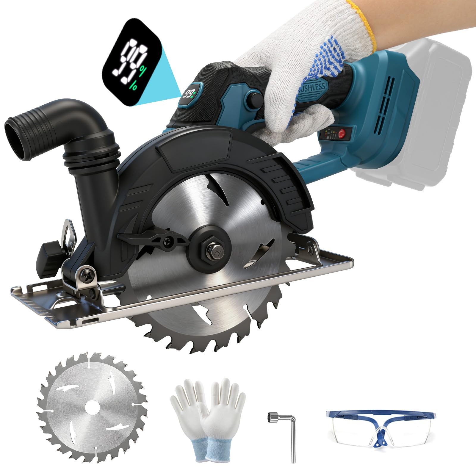 Sierra circular de mano con batería para Makita 18 V batería de litio (sin batería), motor sin escobillas, hoja de sierra Ø 150 mm, 6000 rpm, profundidad de corte 56 mm, 0-45°, con pantalla digital