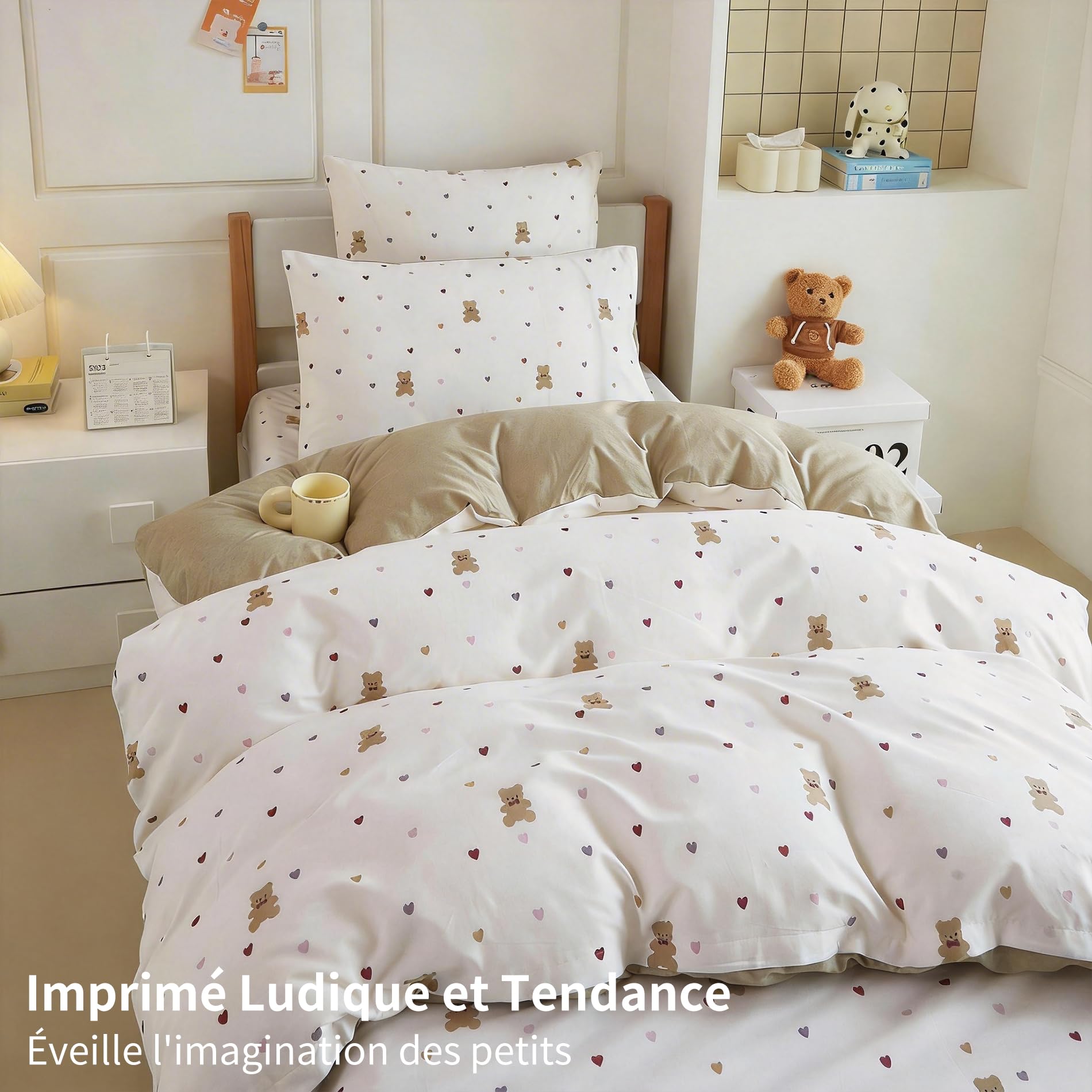 Housse de Couette 140x200 Enfant Fille Motif Cœurs Ours 100% Coton