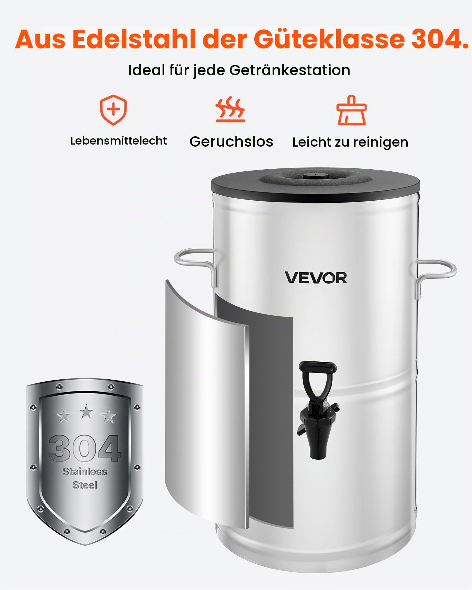 VEVOR Eisteespender Getränkespender aus 304 Edelstahl 15 L Getränkedispenser mit Zapfhahn & Griff, geeignet für heiße und kalte Getränke, für Eistee, Kaffee, Wasser in Cafés und Restaurants