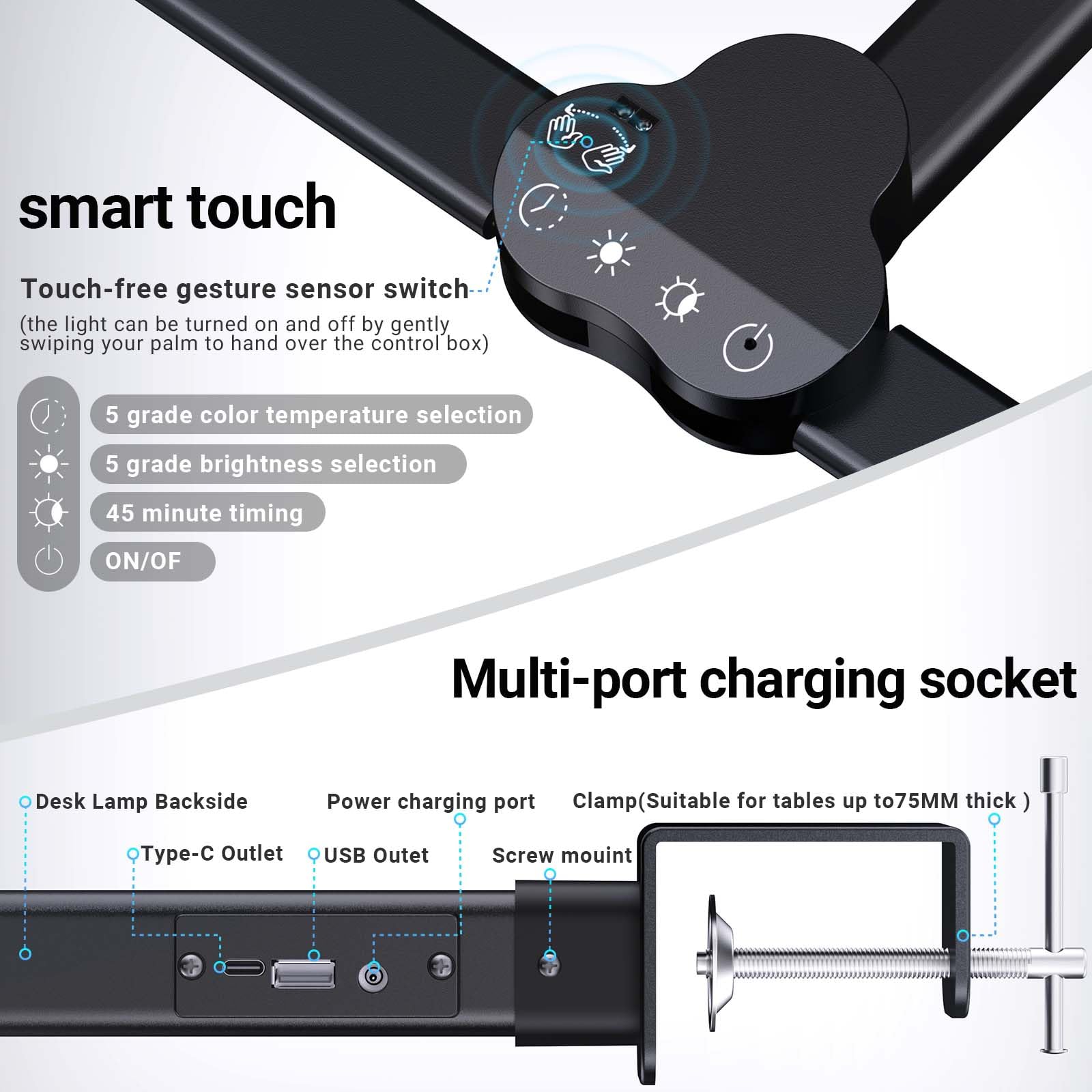 Lampada Da Scrivania A LED A Doppia Testa Dimmerabile Continuo Monor Per Computer Luce 24W Lampade Da Tavolo USB Luci Da Lettura Protezione Per Gli Occhi Per La Camera Da Letto - Foto 4