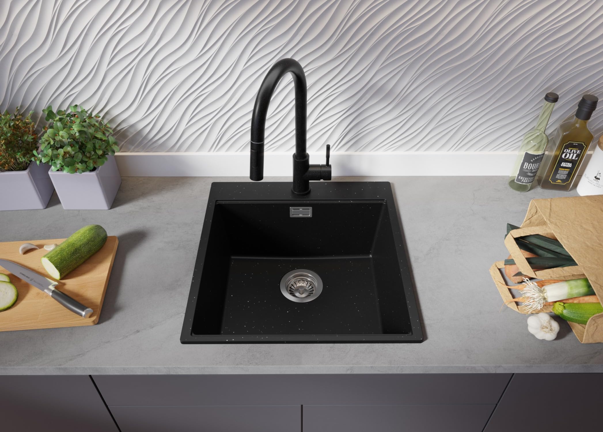 PRIMAGRAN Fregadero Cocina Negro Metallic - Oslo Top, 48x50cm | Granito 1 Seno + Zuberhor-Set, sobre Encimera al Mueble 50cm (S296)