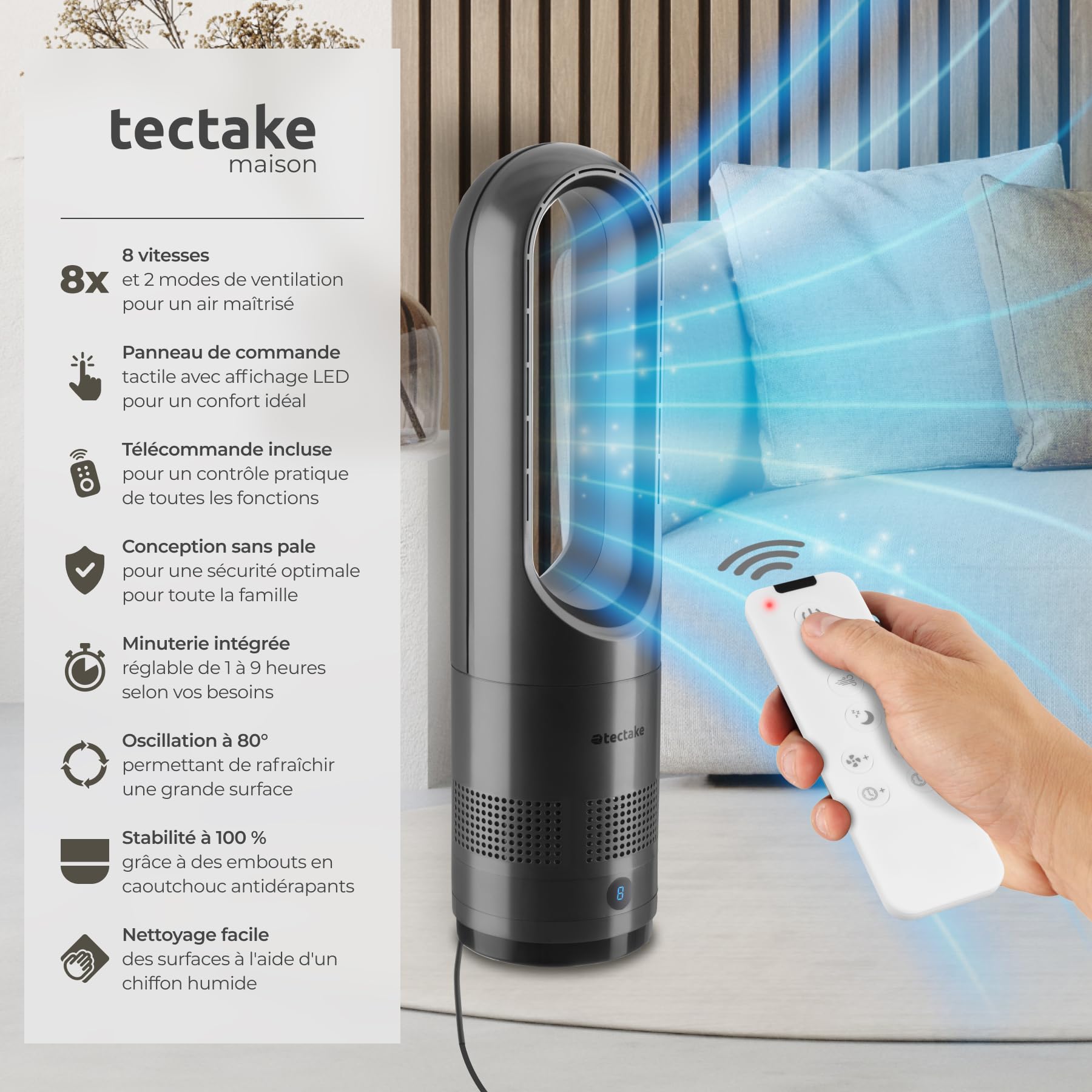 tectake® Ventilateur Colonne Ventilateur Silencieux & Oscillant 80°, 8 Vitesses Minuterie avec Télécommande Ecran LED Ventilateur portable pour Bureau Chambre Salon Maison - Gris anthracite