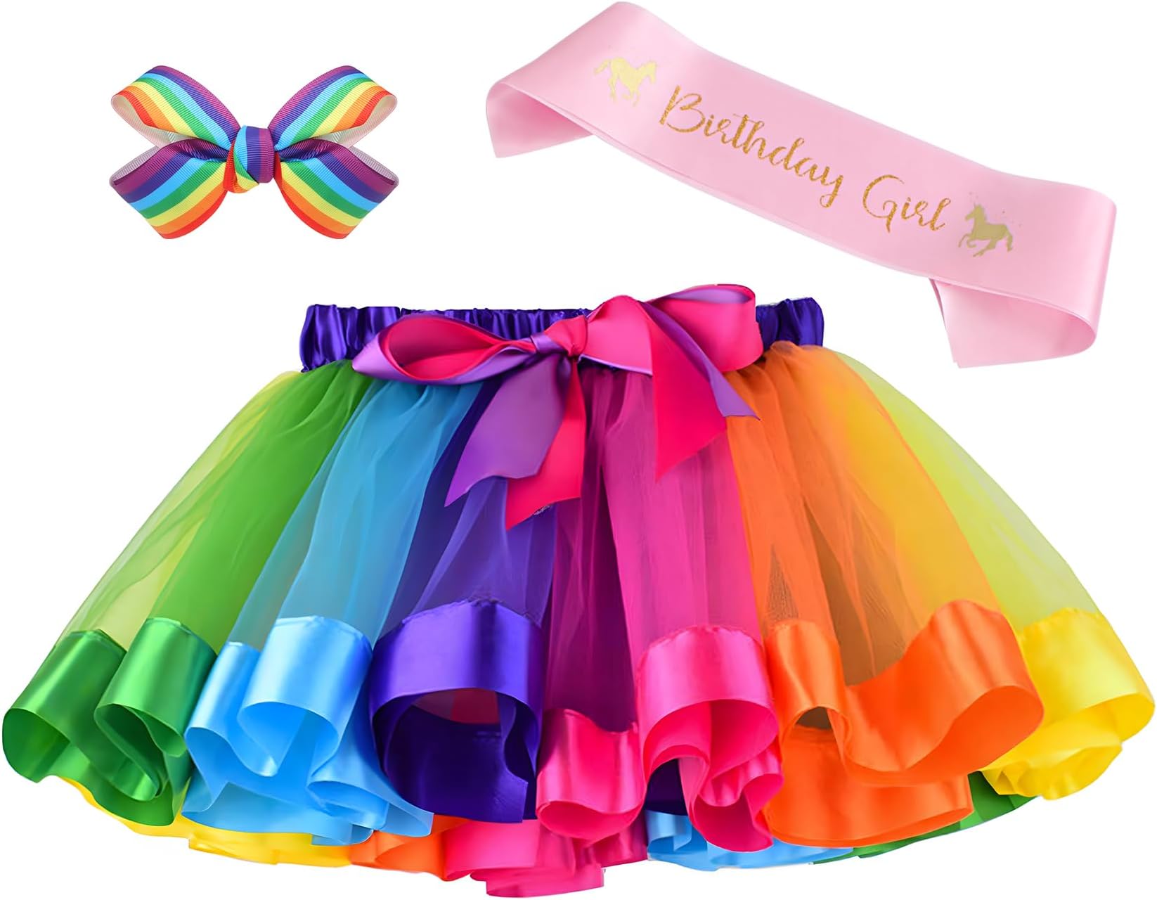 Layered Rainbow Tutu Skirt Costumes Set with Hair Bows Clips and Satin Sash for Girls Birthday Party Dress up