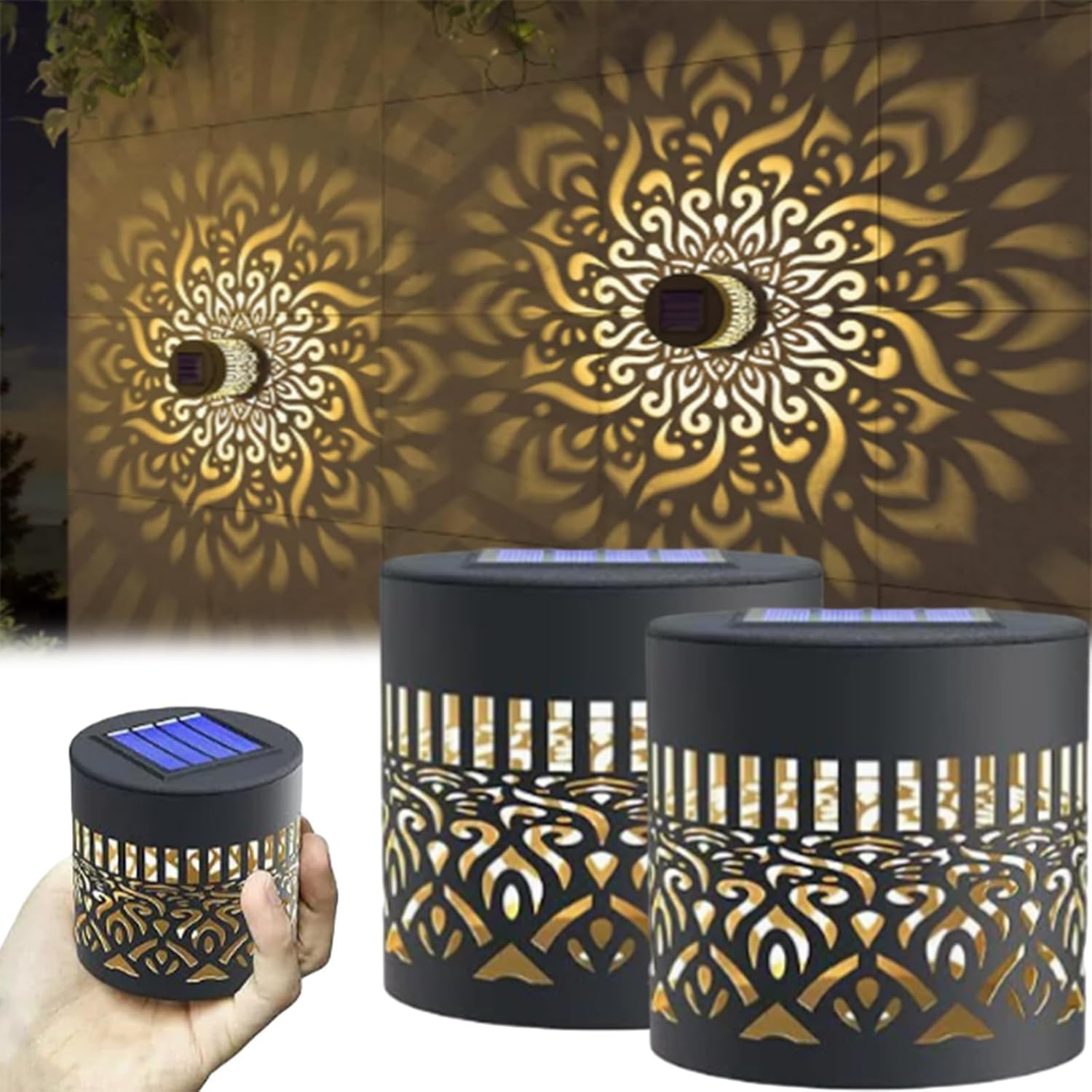 Solar Mandala Wall Lights, 7 Color Changing 2-in-1 Floor & Wall Design Outdoor Decorative Projection Lamp, IP65 Waterproof Auto On/Off Metal Fence Light for Yard Garden Patio Backyard (2, Warm Light)