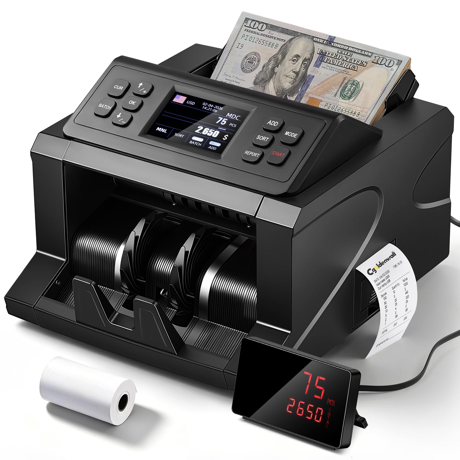 Photo 1 of ***MAJOR DAMAGE FOR PARTS PONLY***
CGOLDENWALL Money Counter Machine, Mixed Denomination Bill Counter, Cash Counting with Built-in Printer, Portable Currency Detector, Counterfeit Bank Scanner, Dollar Sorter for Business, CIS/UV/IR/MG