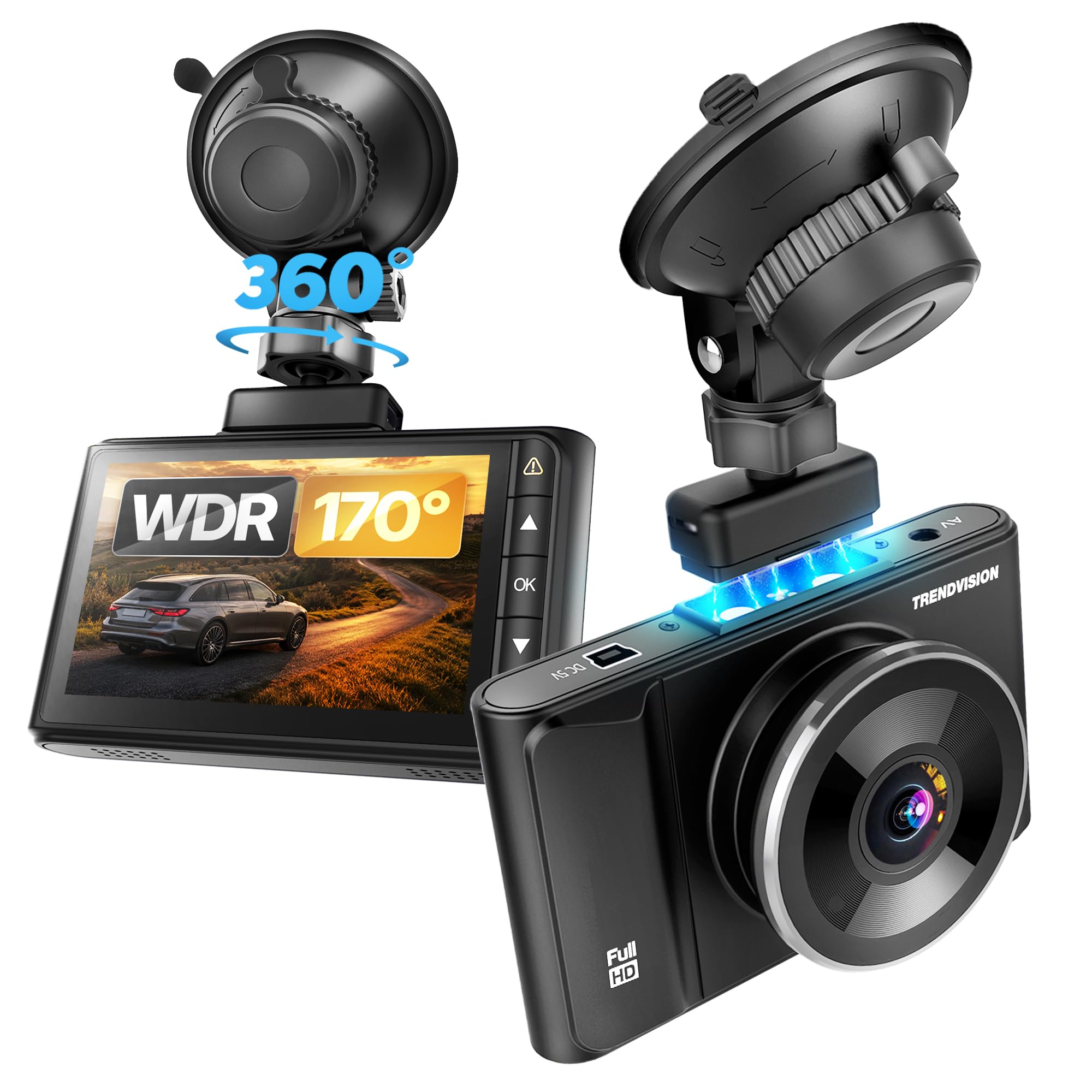 Victory Cámara de Coche Full HD 1080P, Gran Angular 170°, Visión Nocturna WDR, Pantalla IPS de 3”, Sensor G, Grabación en Bucle, Soporte Magnético