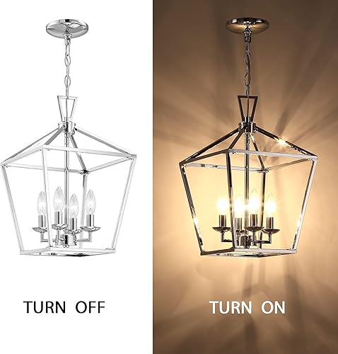 Miniatura 7 de Untrammelife Lámpara colgante de 4 luces cromadas moderna colgante con cadena ajustable, jaula de metal, lámpara geométrica regulable para cocina,