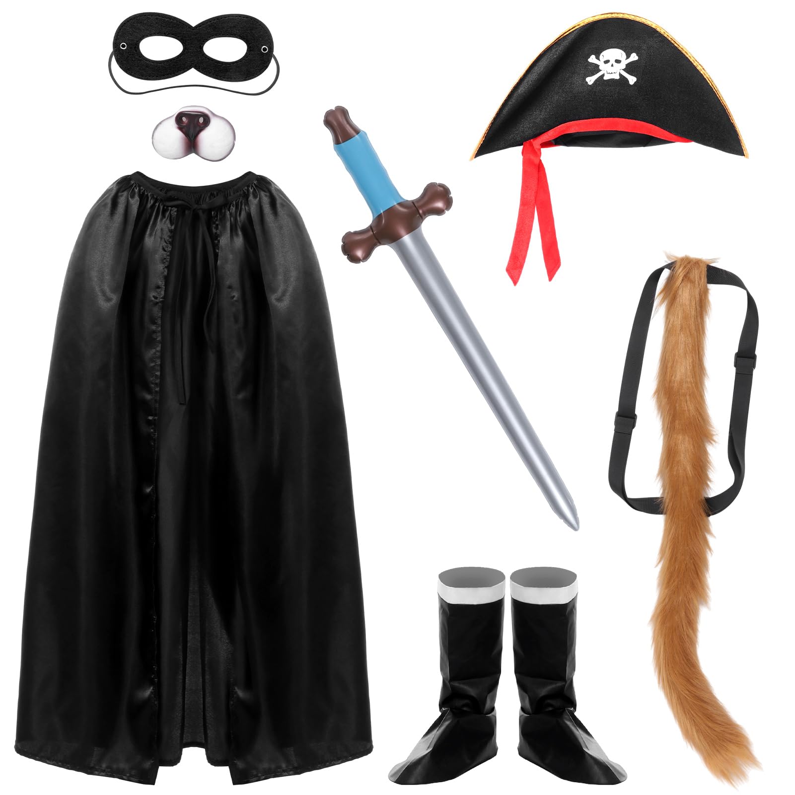 Apparlxer Cat Bandit Costume,7Pcs Cat in Boots Outfits Set Pirate Costume Include Cloak Eye Patch Pirate Hat Shoe Covers Tail Nose Handheld Props,World Book Day Costumes for Men - Image 2