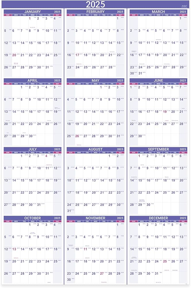 Amazon.com: 2025 Yearly Wall Calendar - 2025 Wall Calendar with Julian Date, Jan 2025 - Dec 2025, One Page for Organizing, Premium Thick Paper, Vertical, Gift Pocket, 34.8