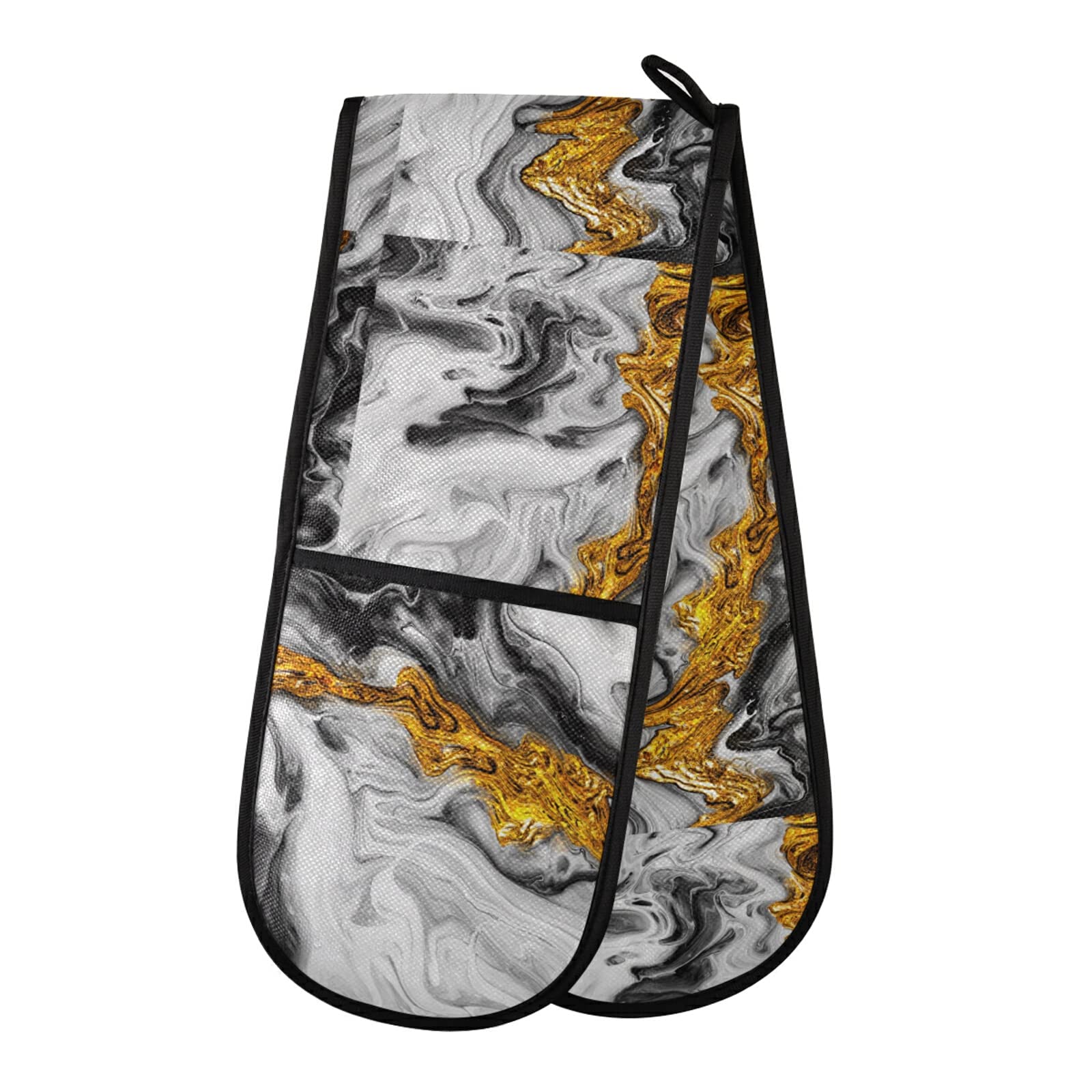 Poeticcity Multi 11 Gold Grey Black Abstract Paint Modern Art Liquid Marble Marbling Double Oven Mitt Gloves Extra Long Potholder High Heat Resistant For Baking Cooking Baking Grilling Handling Hots Pans 35"X7"
