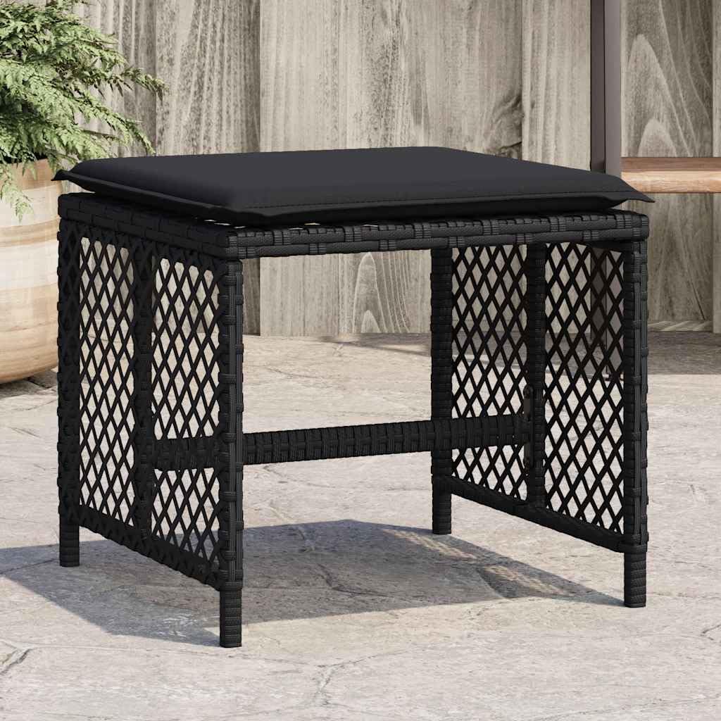 Fengshui Taboret ogrodowy z poduszką, zestaw 4 szt., kolor czarny, 41 x 41 x 36 cm, polirattanowy
