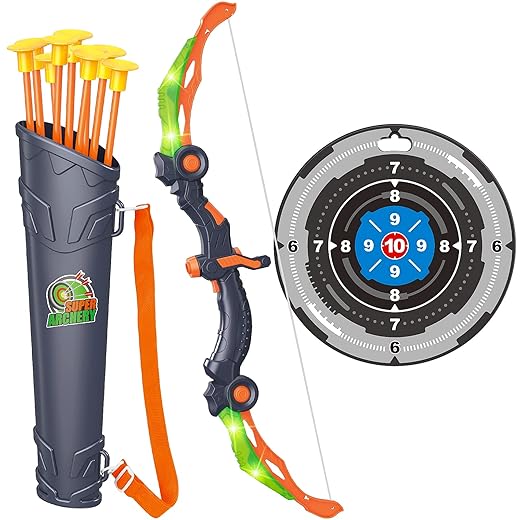 Bow and Arrow Toys with LED Light Up Archery, Birthday Gift for Boys 5 6 7 8 9 10 11 12 Year Old, Christmas Indoor Outdoor Activity Toy for Kids 6-8, Included 10 Suction Cup Arrows, Target & Quiver