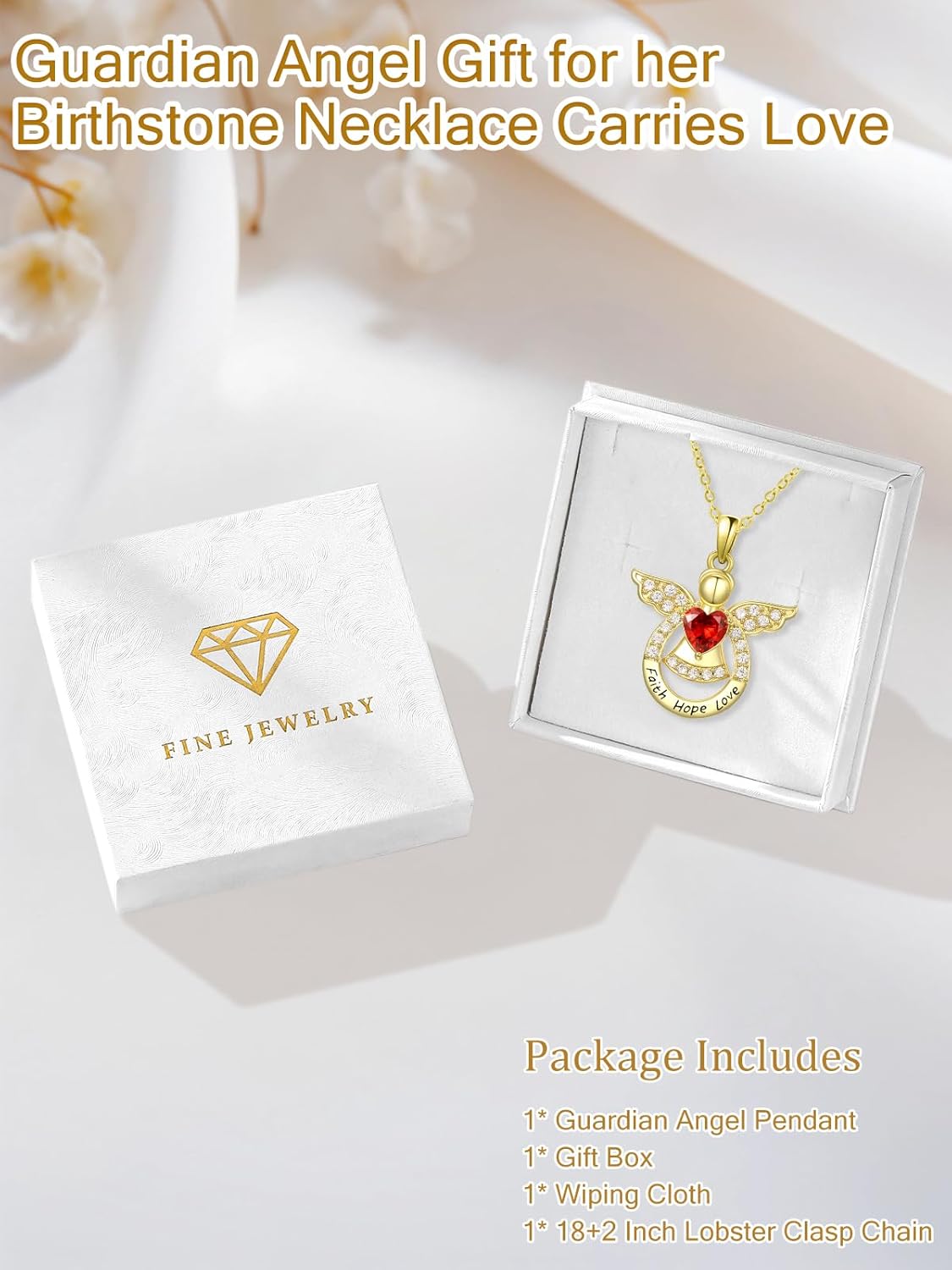 Guardian Angel Necklace for Women 14K Gold Religious Engraved Faith Hope Love Angel Wings Pendant Birthstone Jewelry Birthday Gifts for Wife Mom Grandma Girlfriend Her - Image 6