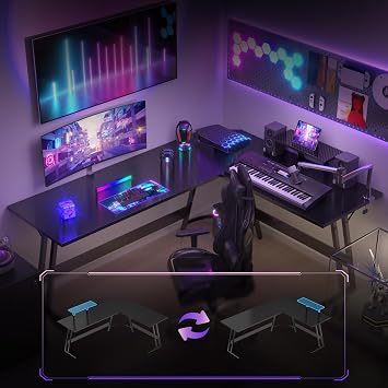 Devoko L Shaped Gaming Desk 150x130x75cm With Removable Monitor Stand, Corner Computer Desk Large PC Writing Table for Home and Office,Easy to Assemble, Carbon Fibre Black