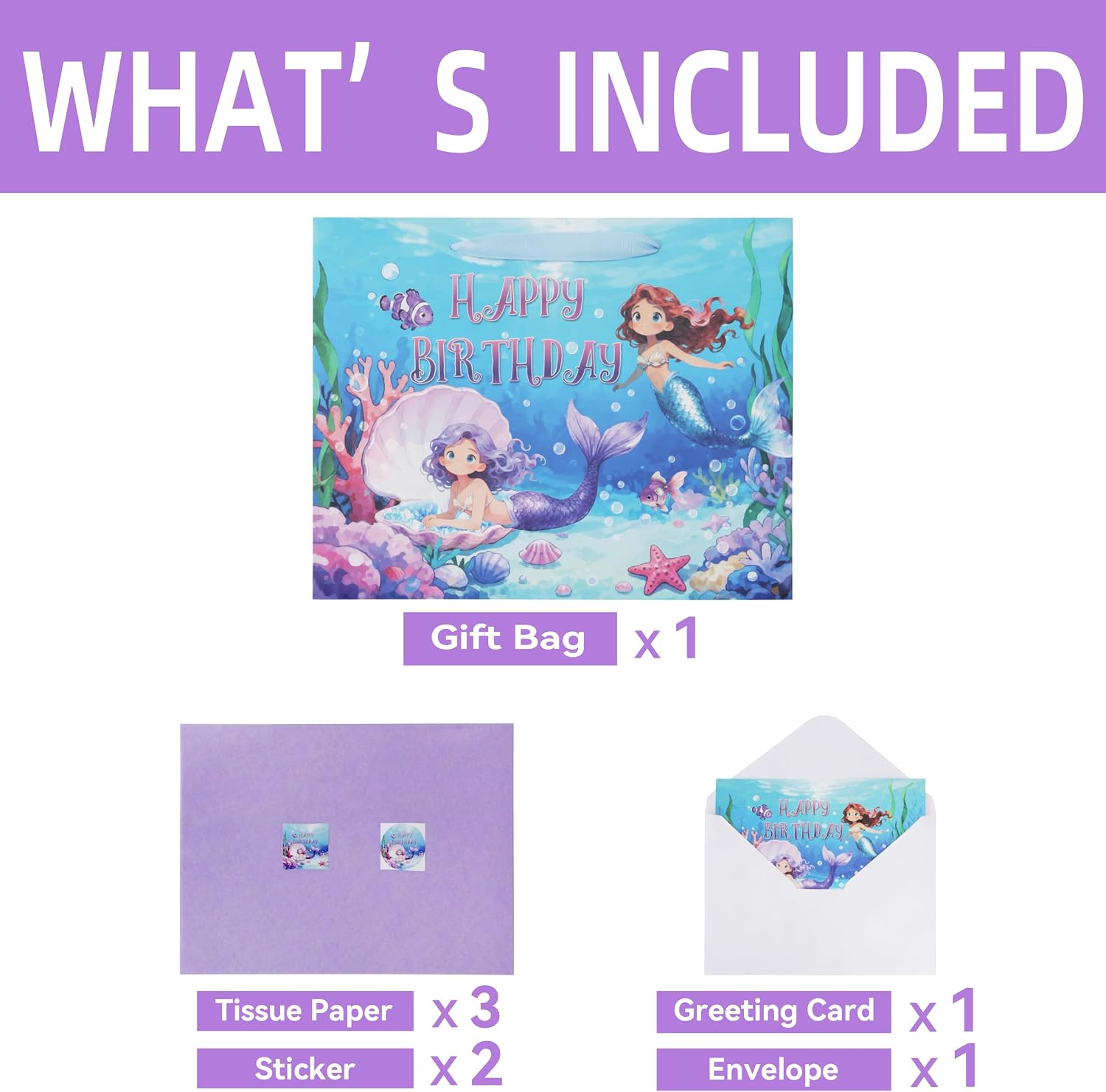 Qirrmiy 13'' Large Mermaids Birthday Gift Bag Set with Handles, Greeting Card, Purple Tissue Papers and Stickers for Kids Girls Women Teens for Birthdays, Mermaids Design, 1 Pcs
