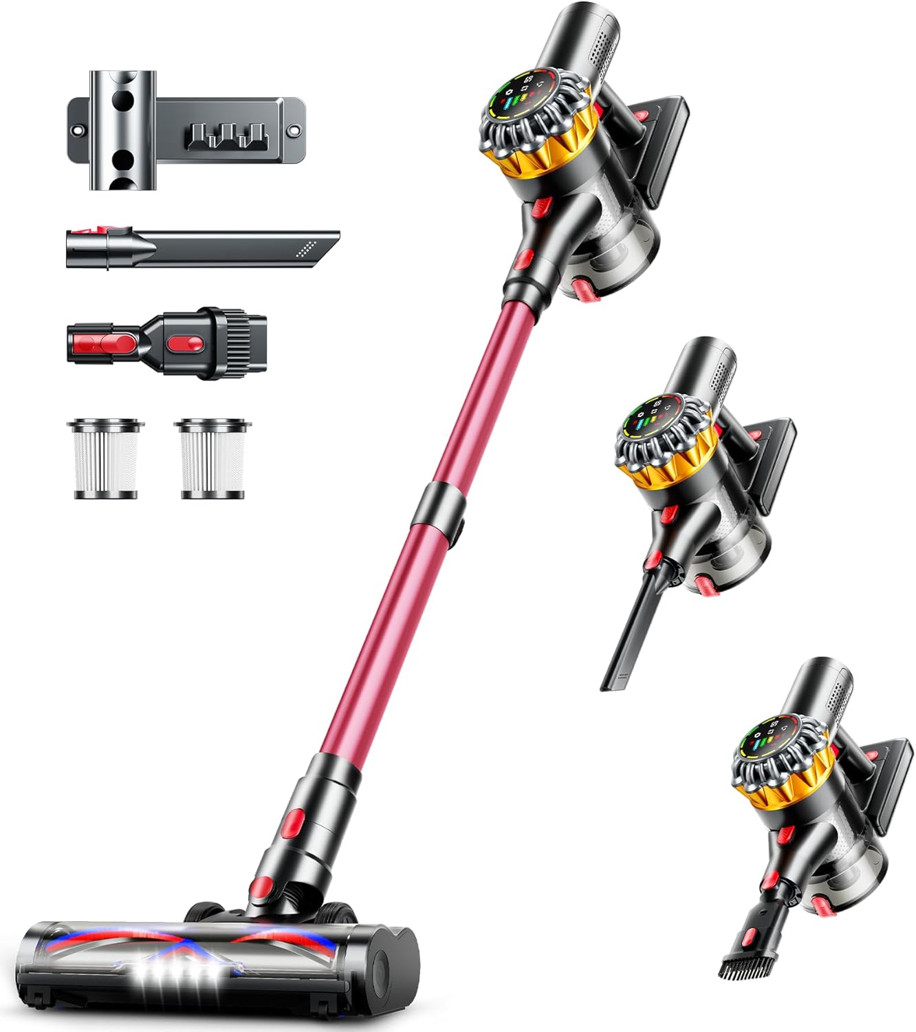 Cordless Vacuum Cleaner, 550W 45Kpa 65mins Vacuum Cleaners for Home, Stick Vacuum with Self-standing, LED Display, Anti-Tangle Brush, 8-in-1 Lightweight Wireless Vacuum for Pet Hair Carpet, Pink