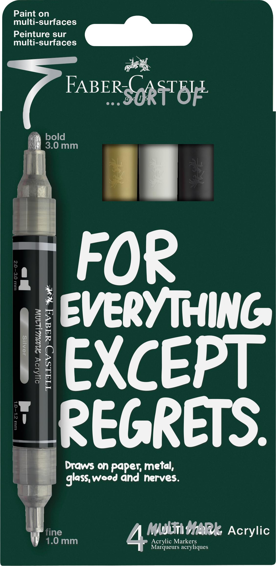 Faber-Castell Multimark Acrylic Dual Marker, Set of 4 Classic Colours, Art Set Supplies, Water-Based Acrylic Marker Pen, Double Ended, Bold & Fine Tip, Art Markers, Colouring Pens, Highlighters