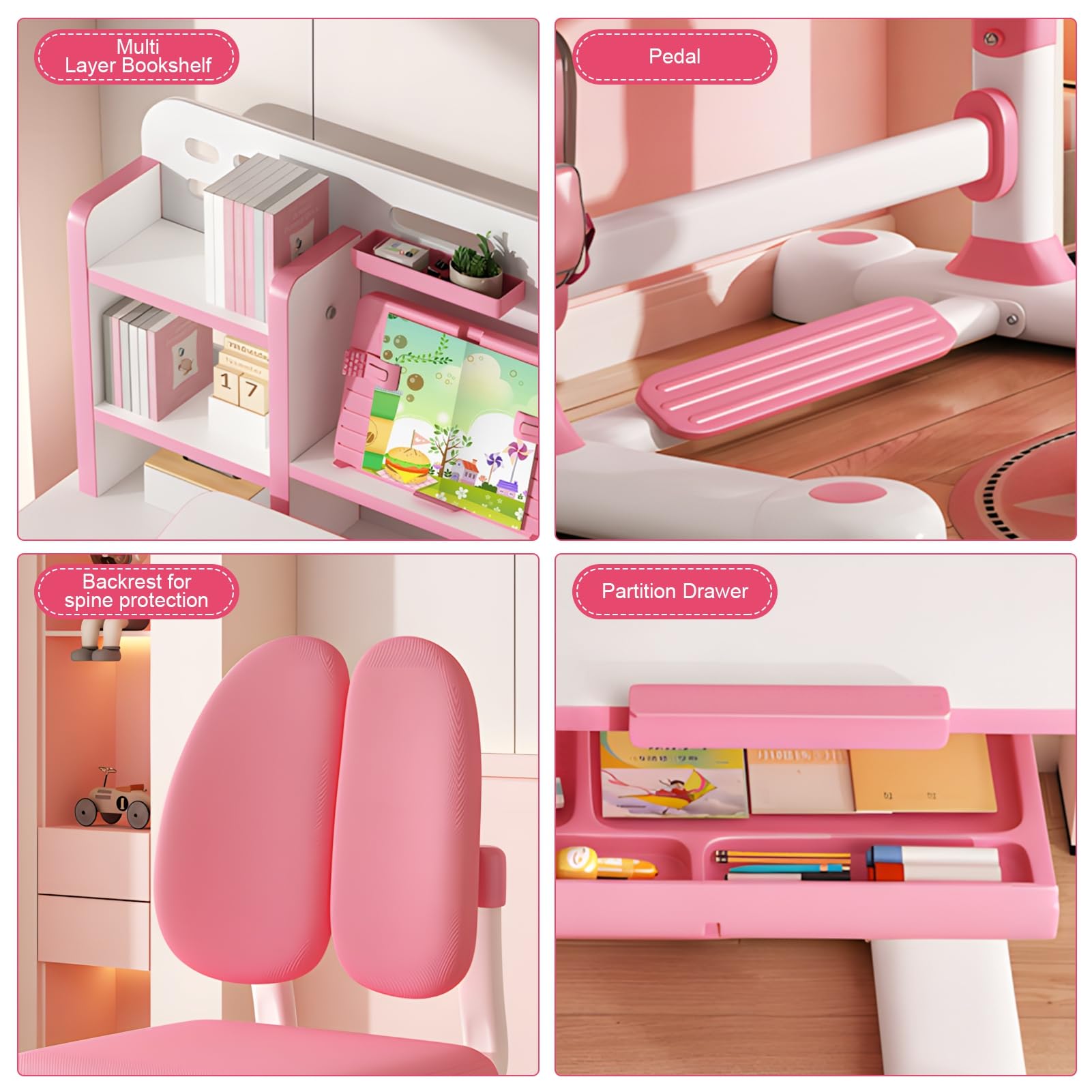 Juego de escritorio y silla de estudio para niños, altura ajustable, silla de mesa de estudio para niños, escritorio escolar con mesa ampliada inclinable, cajones de almacenamiento grandes, estantería