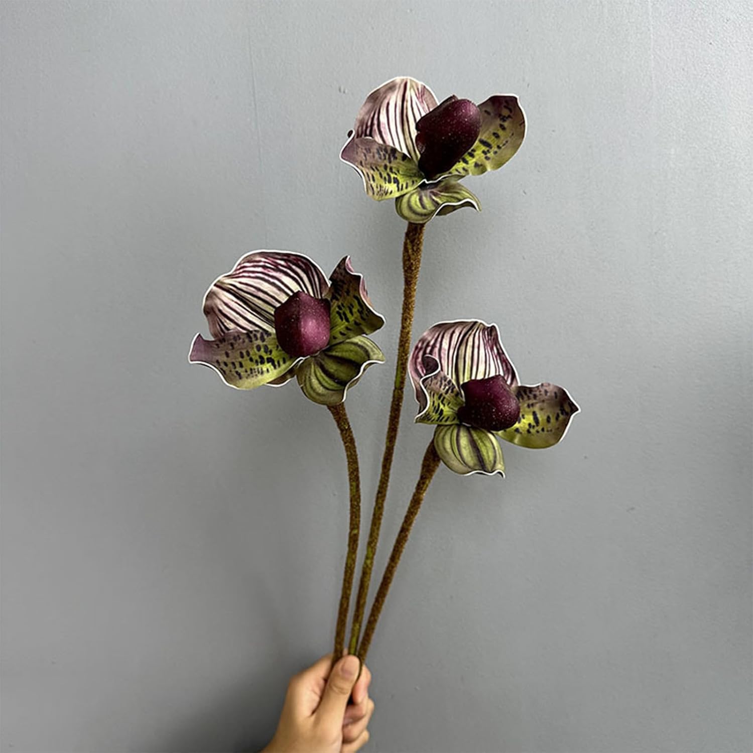 3Pcs 18.9" Artificial Paphiopedilum Lady Slipper Orchid Flowers Realistic Purple PU Real Touch Faux Slipper Orchids Plants for Home Office Garden Flower Arrangement Wedding Decoration