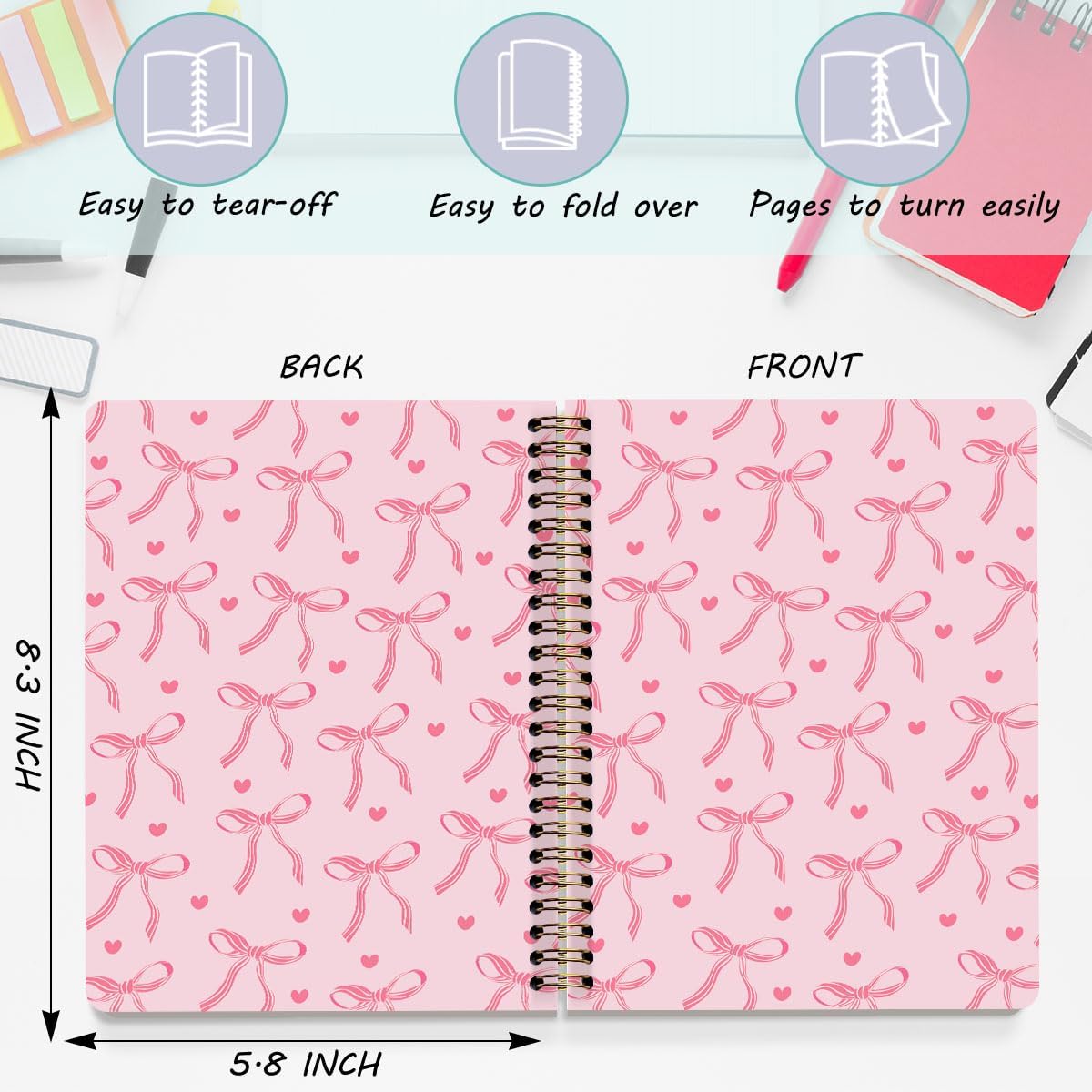 2 Packs Pink Bow Spiral Notebook College Ruled Trendy Notebook Journal Preppy Coquette Stuff Gifts for Women Teen Girls Journals for Writing Journaling Notebooks Office Classroom Supplies - Image 2