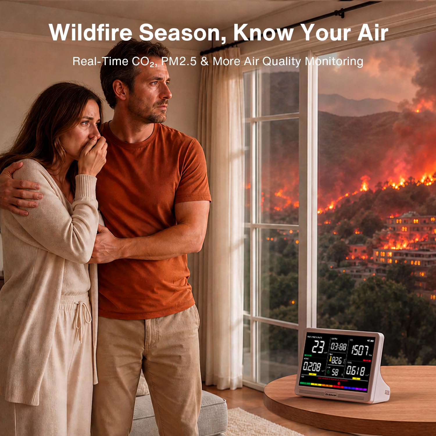 16 in 1 Monitor di qualità dell'aria per interni Display da 7 pollici 9 AQI+7 AQI Avvisi Misuratore di qualità dell'aria per CO2, TVOC, PM2.5 PM1.0 PM10, HCHO, umidità di temperatura AQI e tempo