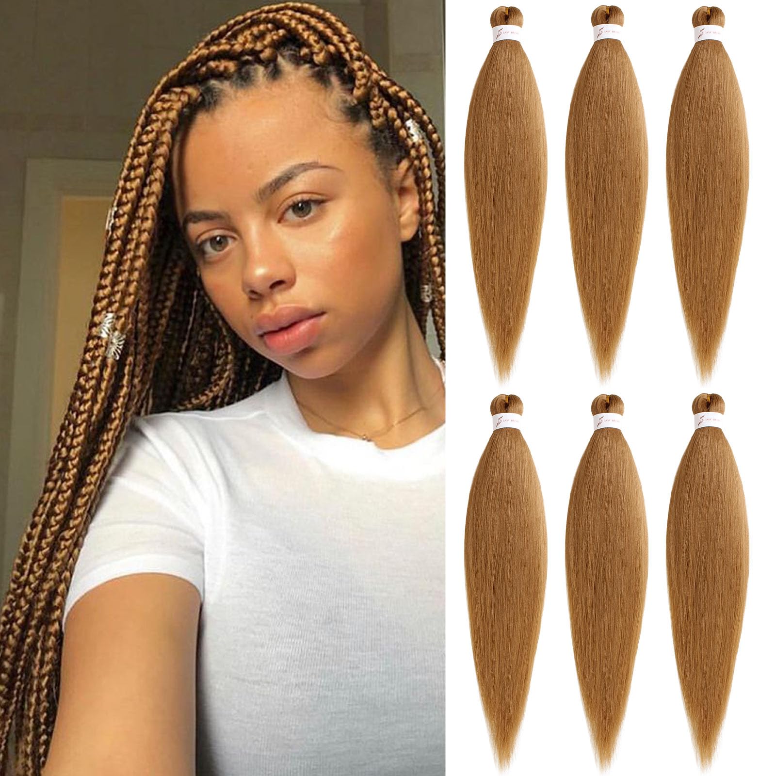 Samtress 24 Inch Pre Stretched Braiding Hair 6 Packs Knotless Easy Briad Yaki Texture Kanekalon Synthetic Braiding Hair Honey Blonde Hot Water Setting Crochet Braids Hair Extensions for Women (#27)