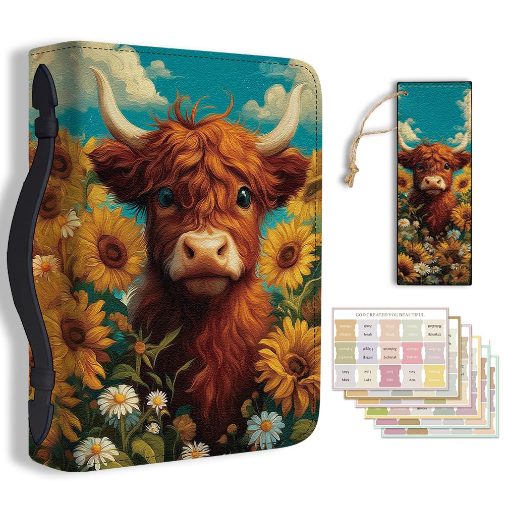 Hobbspring 1pc Large Bible Cover 20.3x28.5x5.9cm PU Leather Bible Case with Bookmark Highland Cattle Bible Carrying Case for Women Men Christian Bible Note Books Carrying