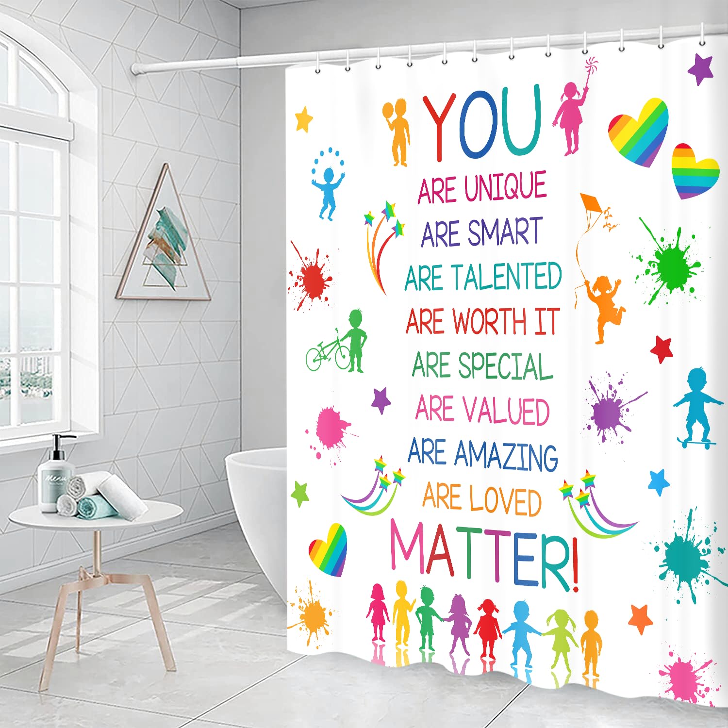 Kids Educational Shower Curtain，Colorful Inspirational Quote Motivational Phrase Bath Curtain for Boy Girl Nursery, Positive Saying Waterproof Fabric Polyester Curtains with 12 Pack Hooks Plastic