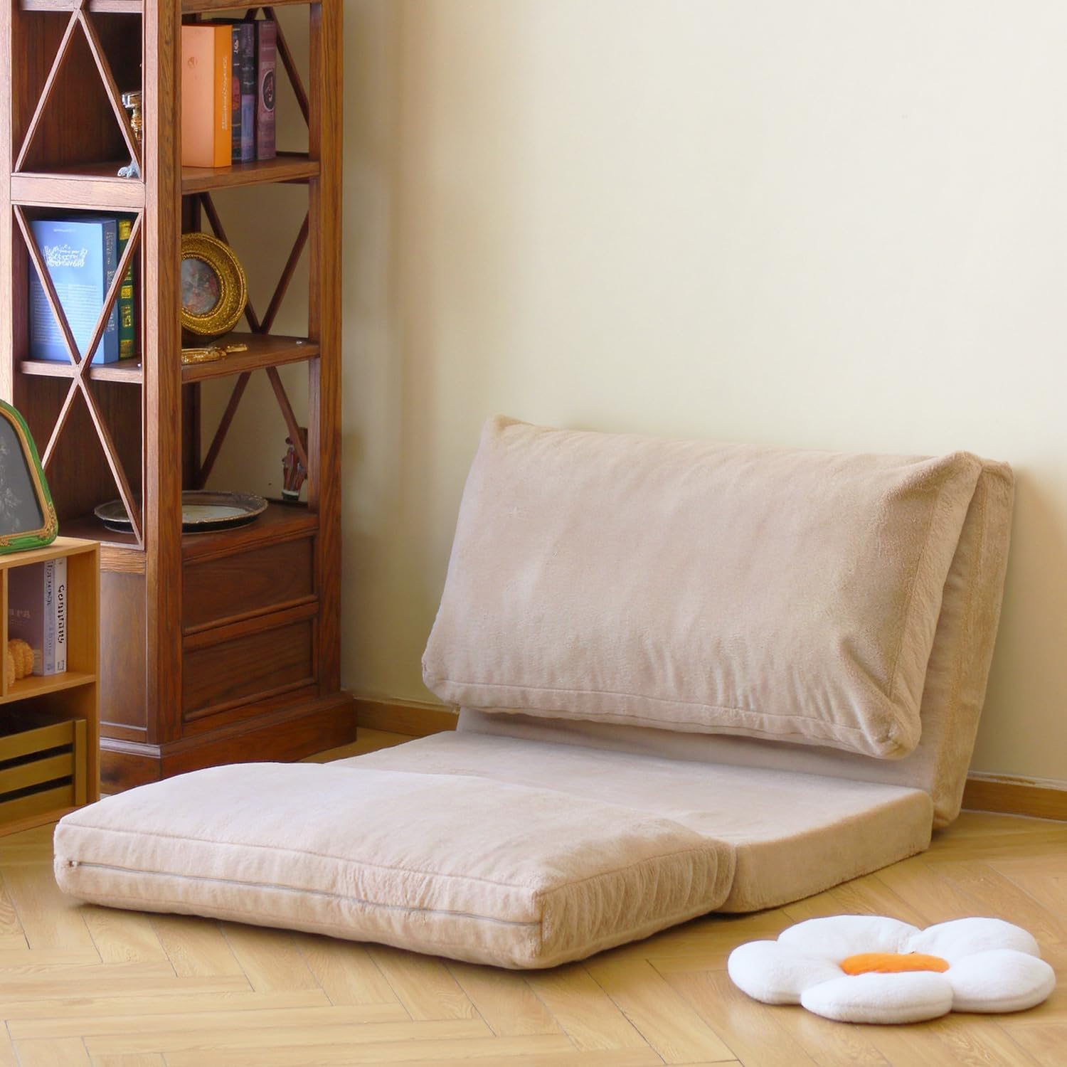 N&V Folding Matress Sofa Bean Bag Bed, Foam Filling Folding Matress Sofa, Includes Removable and Machine Washable Cover, Soft Premium Faux Fur (Small, Champagne)