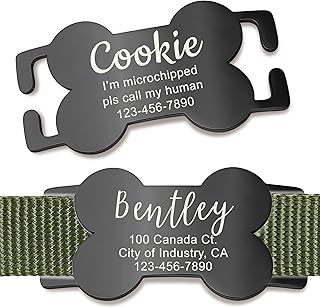 Anavia Bone Shape Slide On Silent Pet ID Tags, S/M/L/XL Gold Black Personalized Engraved Cat Dog Name Tags, Glossy Finish Stainless Steel Chew-Proof Quiet Dog Collar Tag