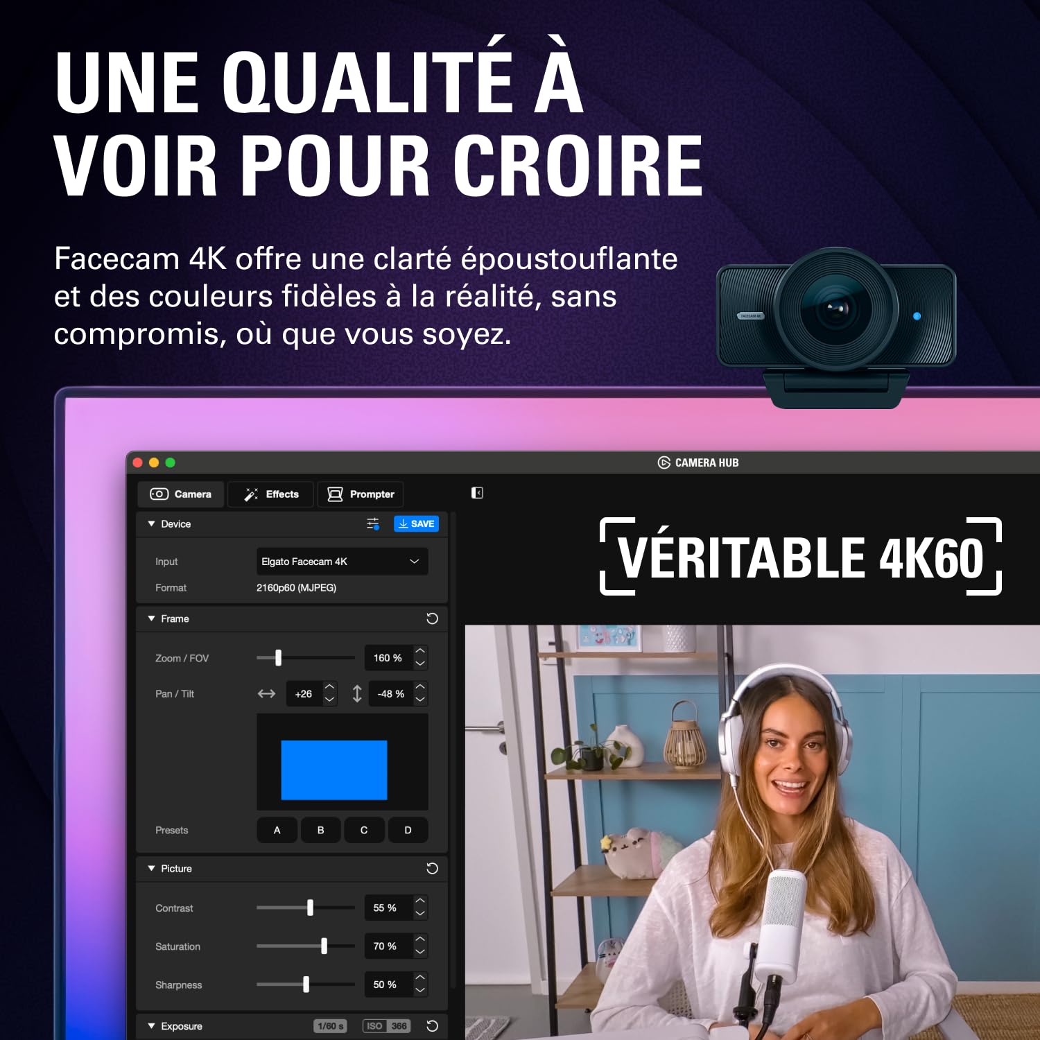 Elgato Facecam 4K – Webcam Studio 4K60, Contrôle de Type DSLR, Effets cinématographiques, Filtres d’Objectif 49 mm, HDR, Vidéo Non compressée, Zone de Mise au Point optimisée | USB-C pour PC et Mac