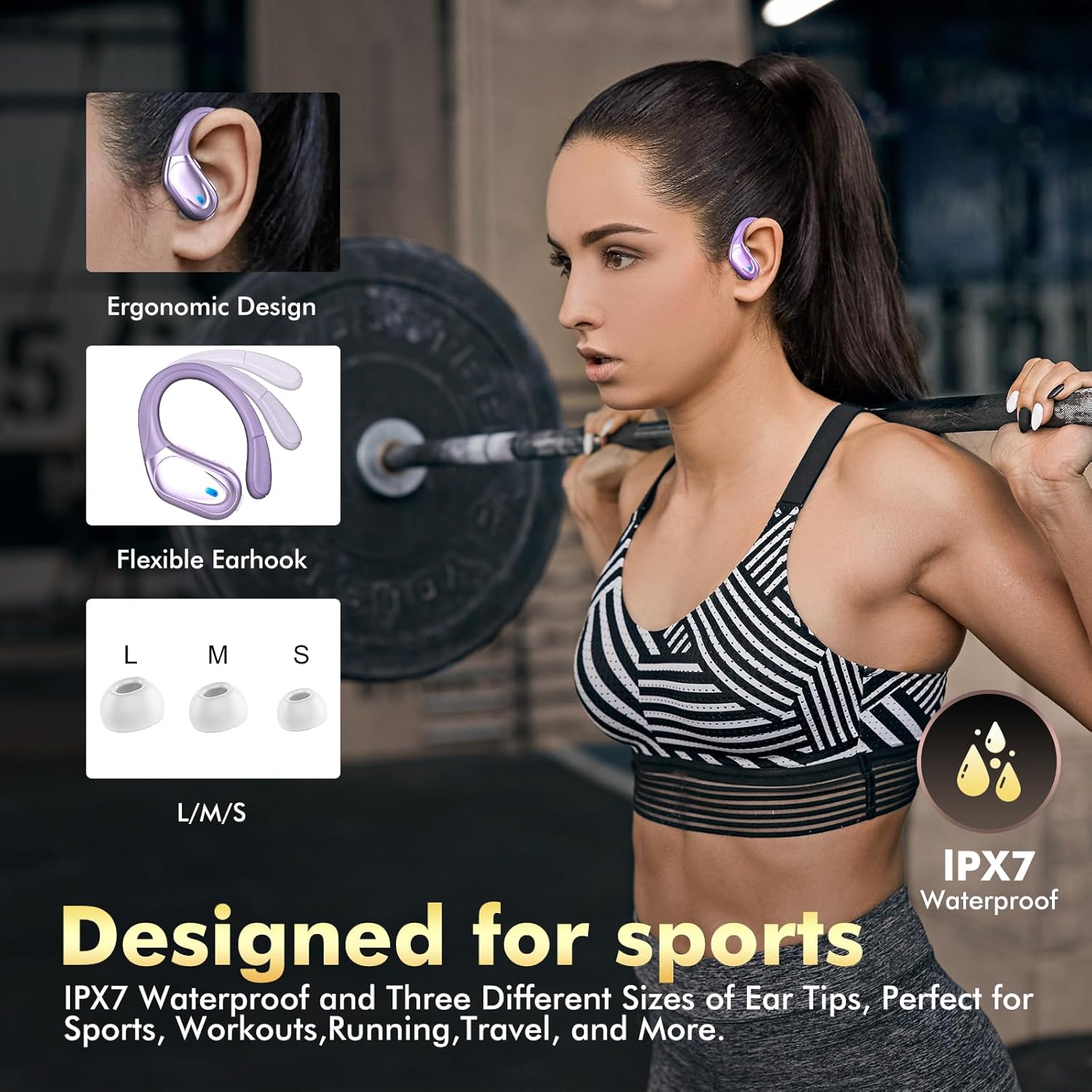 HAOYUYAN Wireless Earbuds Bluetooth 5.3 Headphones with 80H Playback, IPX7 Waterproof Over Ear Buds with LED Power Display for Sports Running Workouts (Purple)
