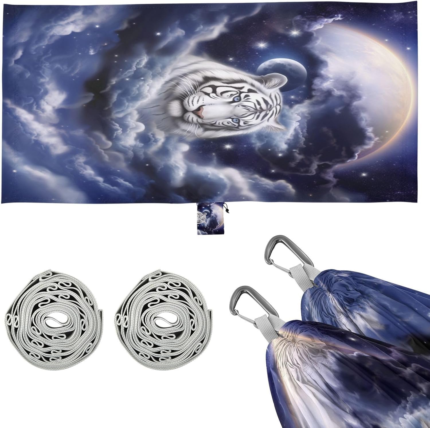 ALAZA Tiger Moon Camping Hammocks Single or 2 Person 500 lbs Portable Parachute Travel Hammock w/Tree Straps for Hiking Backpacking Indoor Outdoor