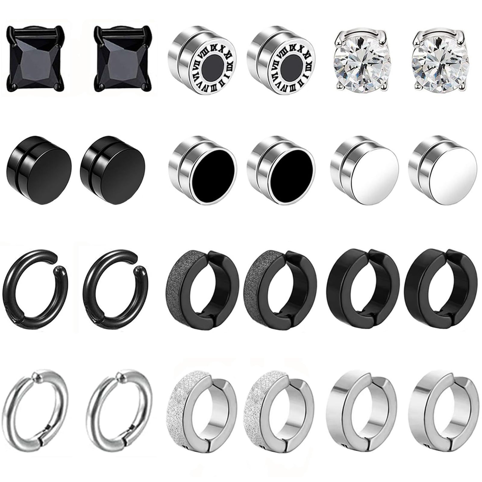 VELESAY 12 Pares Falsos Pendientes Iman Hombre Pendientes Sin Agujero Acero Inoxidable Pendientes Clip Hombre Magnéticos Pendiente CZ Magnet Mujer Aro Pendientes Set Negro Plata