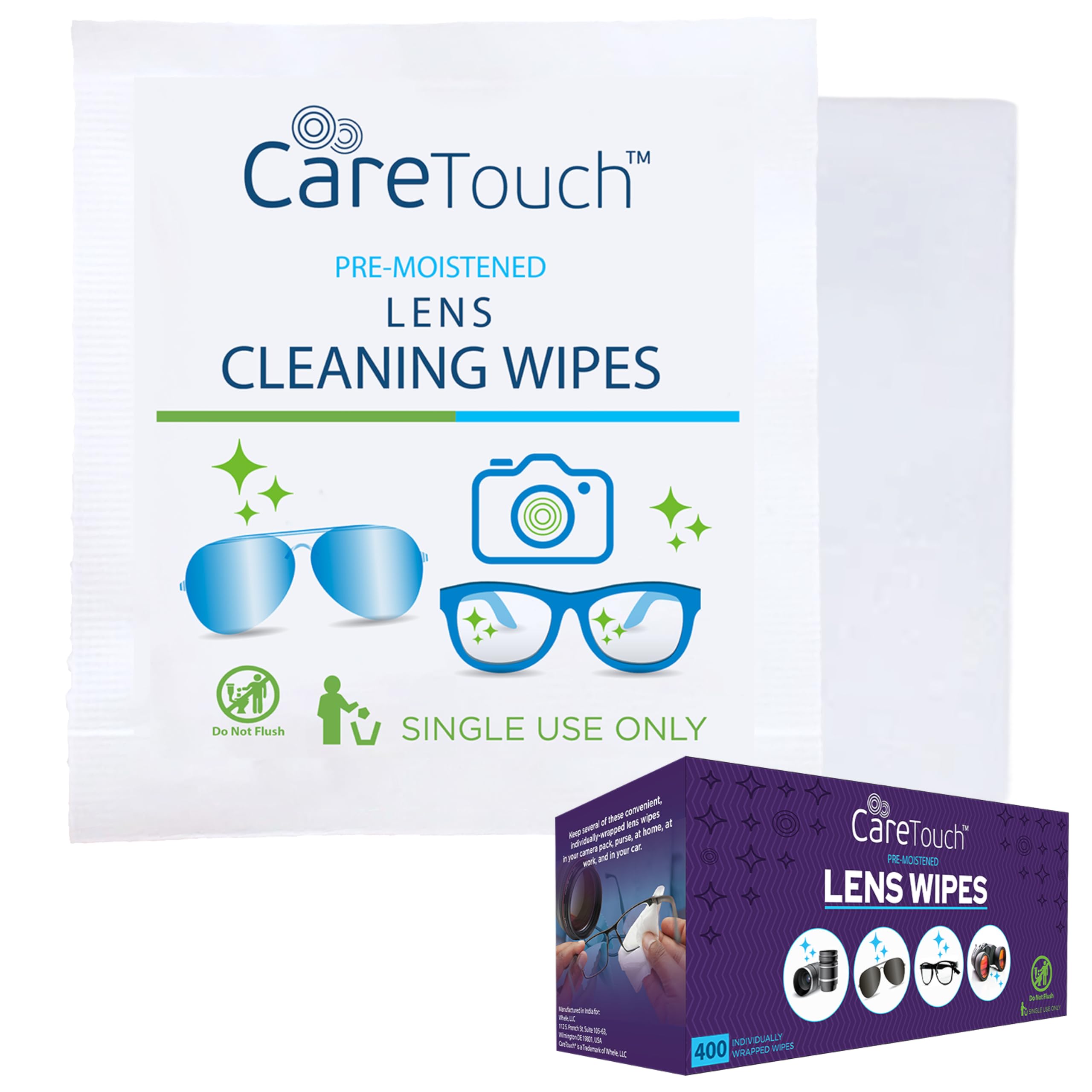 Care Touch Lens Wipes for Eyeglasses- 400 Count Individually Wrapped Pre- Moistened Wipes, 5 x 6 Inch- Camera Lens, Sunglasses and Glasses Cleaner,- Gentle and Portable for Cleaning of Optical Devices