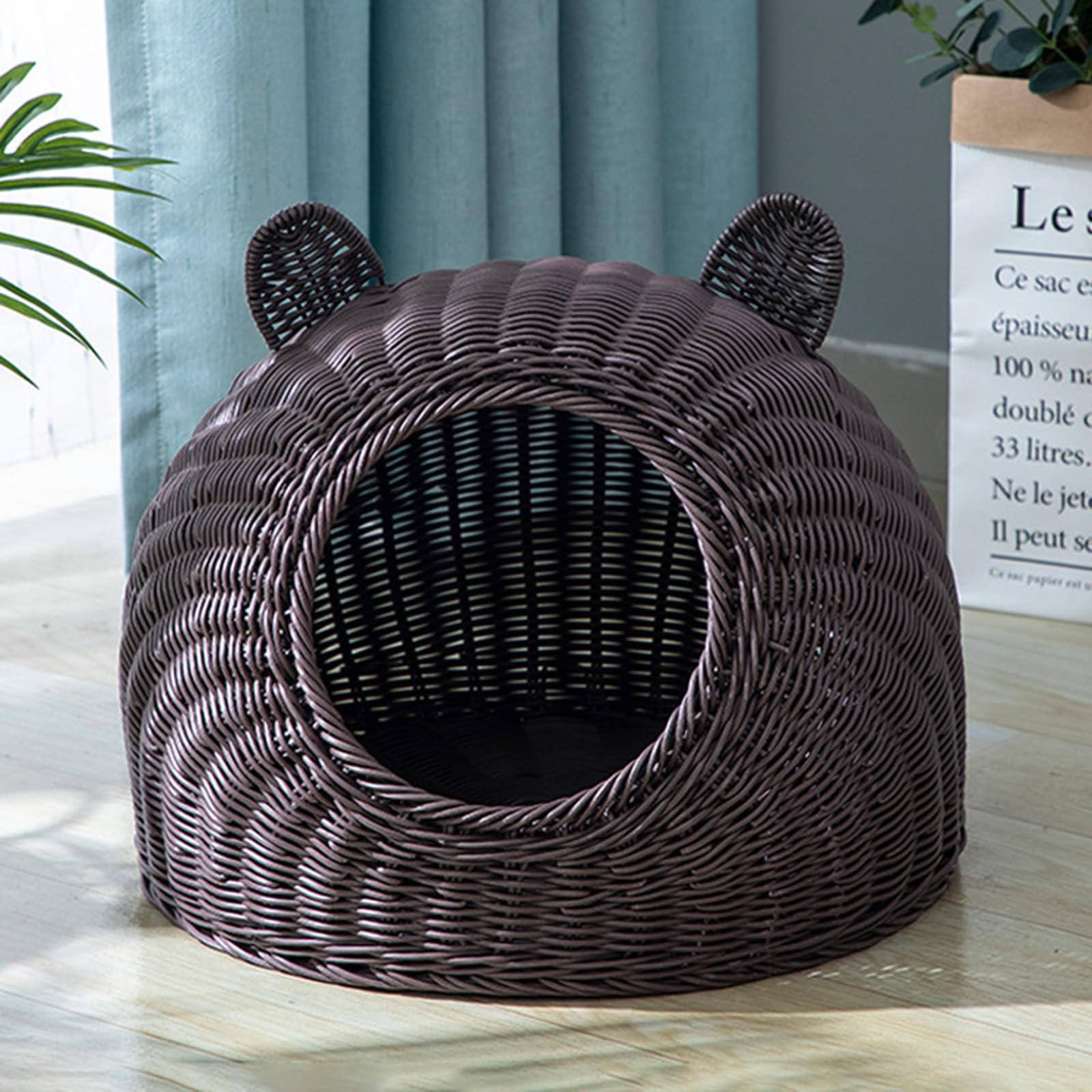 BURLOE Wicker Wicker Plastic Cat Bed for Domestic Cats, Cute Cat Ear Cat Bed Cave Handwoven Semi-Closed Cat House Rattan,Brown,29cm