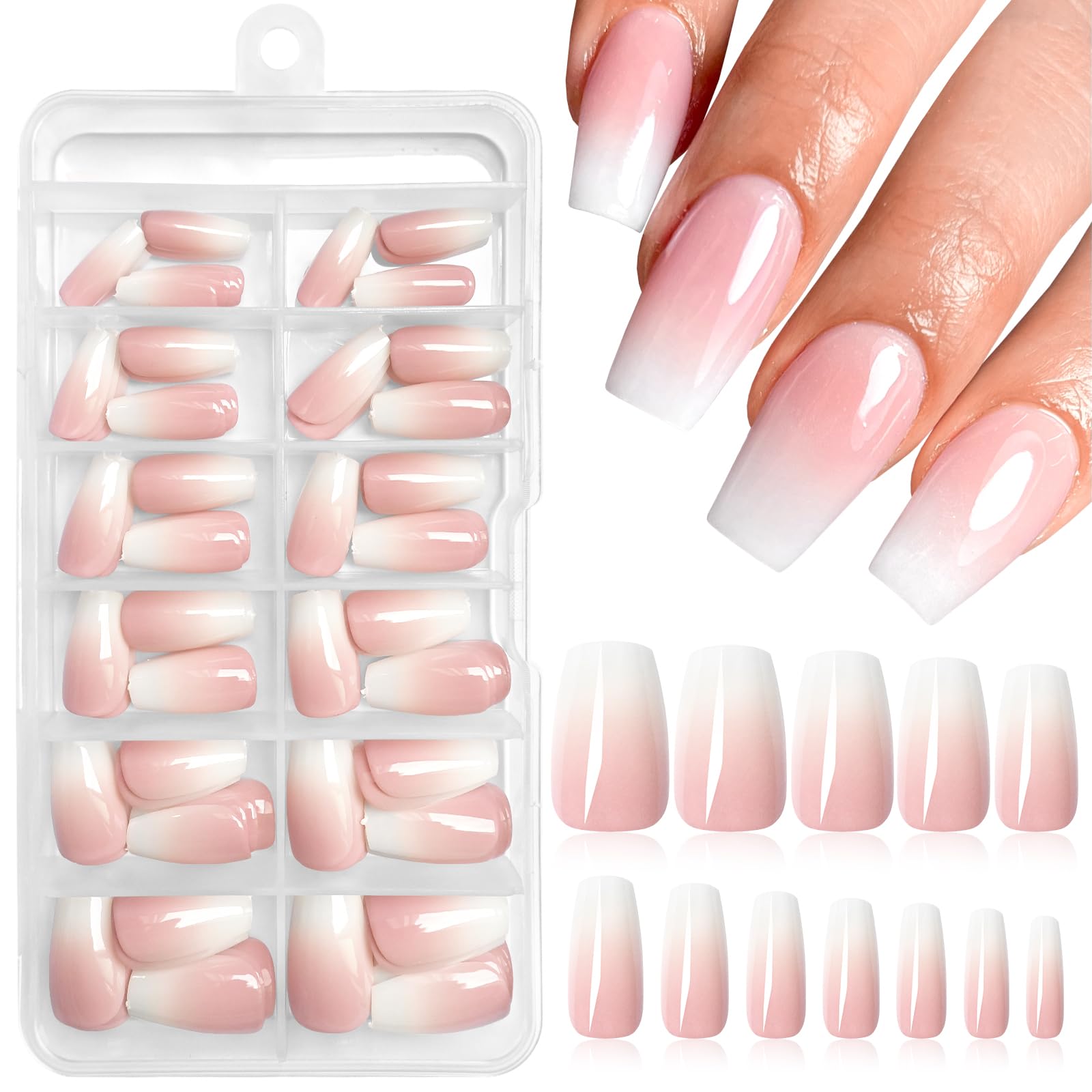 AddFavor 240pc Ombre Coffin Press on Nails Medium Fake Nails - Glue on Nails Coffin Acrylic Nails Press ons Nail Tips Medium Stick on Nails with Nail