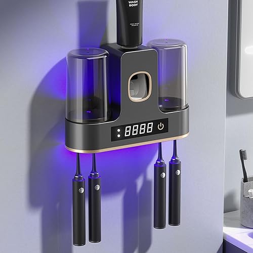 WREWING Porta cepillos de dientes para baños, dispensador automático de pasta de dientes y soporte con secado y limpieza inteligentes, soporte