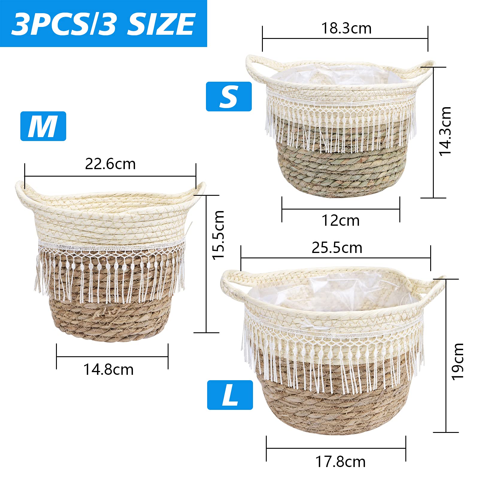 Lot de 3 Panier Seagrass Pot de Fleurs Panier de Rangement tissé à la Main pour Jouets