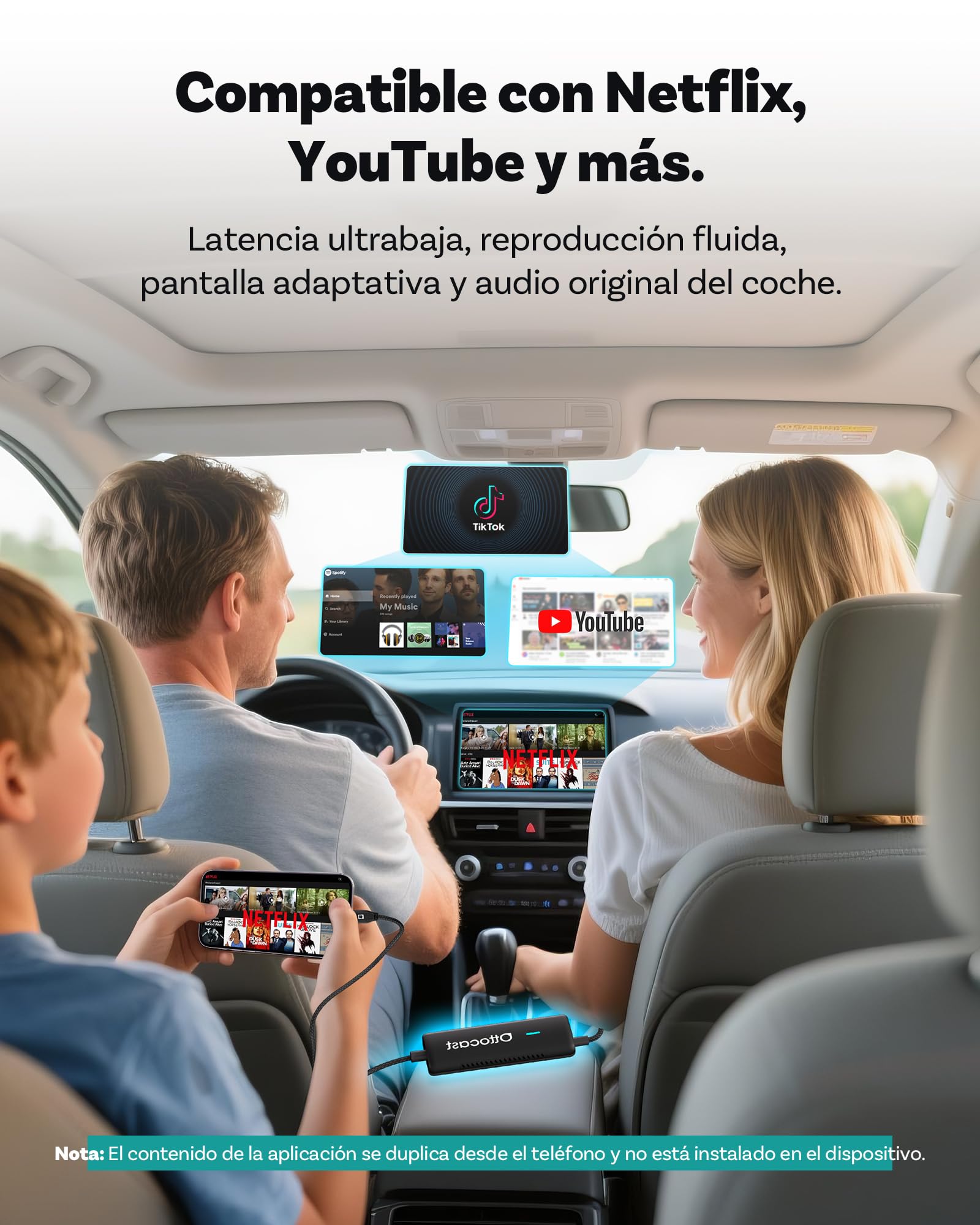 Ottocast Mirror Touch 2025 – Adaptador CarPlay inalámbrico con Espejo bidireccional y Control táctil – para Coches con CarPlay por Cable – Ver Netflix, TikTok, Youtube – Plug & Play