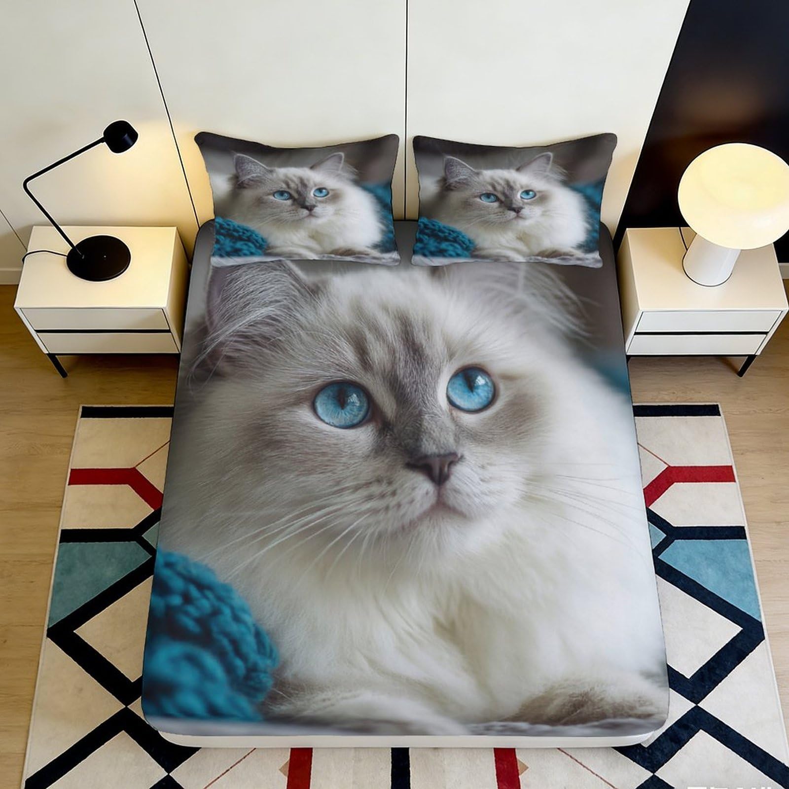 Pnayamiorkfel Style-5 3D Printed Blue Eyed Cat Fitted Sheet Microfiber Soft Breathable White Cat Face Mattress Cover Bedroom Decor 90X200x25cm