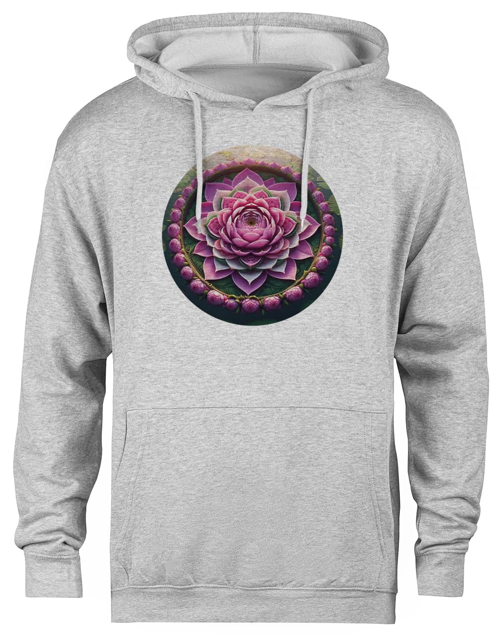 Pull à capuche gris unisexe avec motif lotus élégant